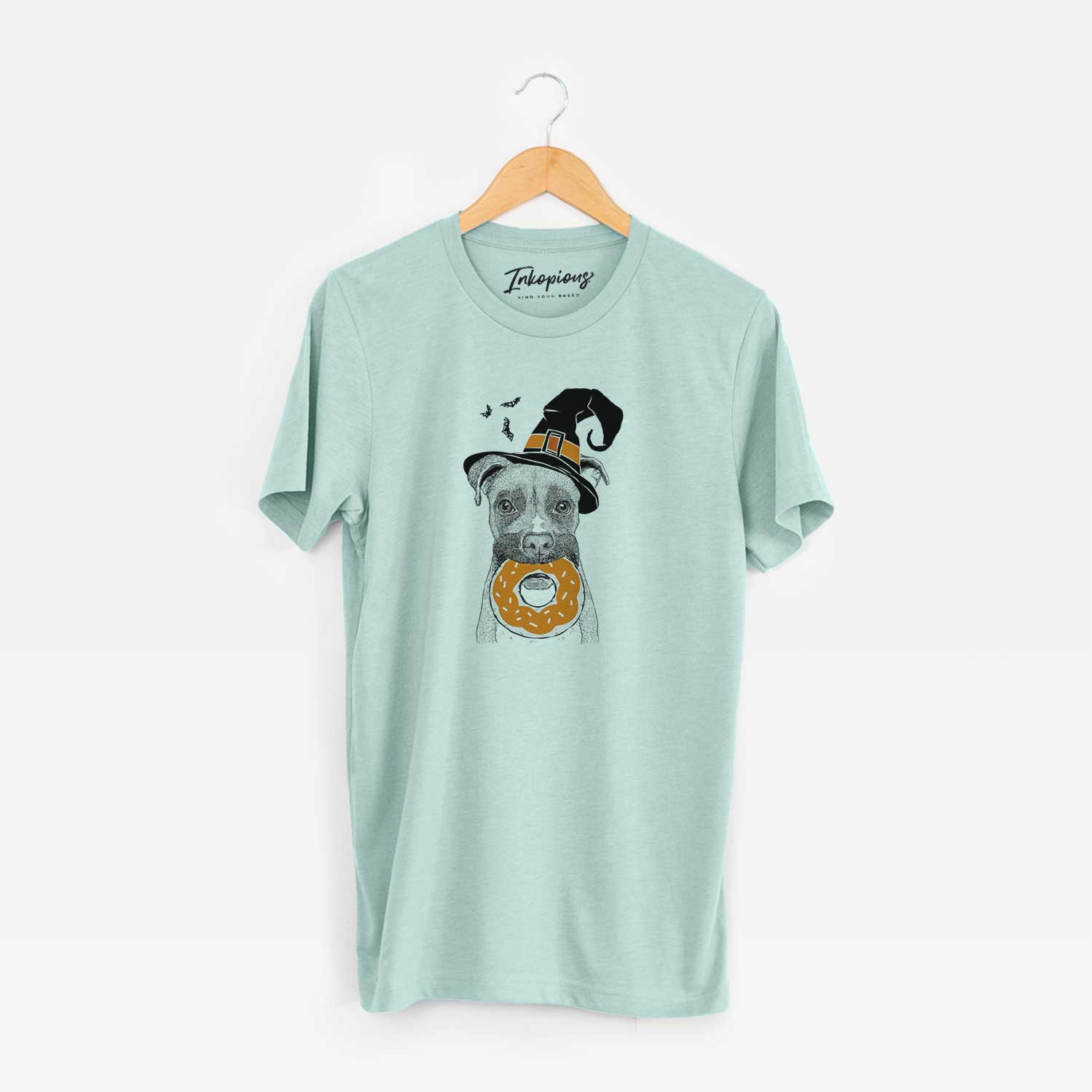 Hand-drawn sketch of Bo the Boxer wearing a witch hat on a Heather Sage Unisex crewneck