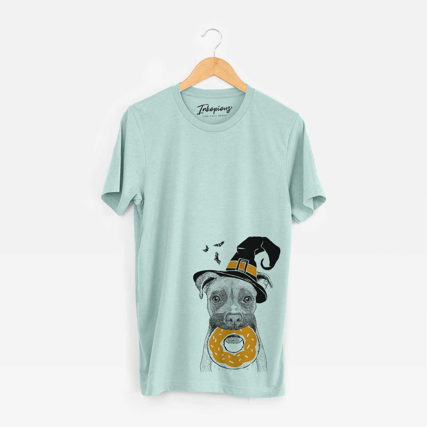 Hand-drawn sketch of Bo the Boxer wearing a witch hat on a Heather Sage Unisex crewneck