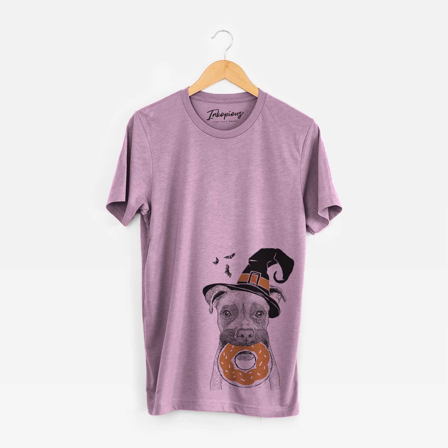 Hand-drawn sketch of Bo the Boxer wearing a witch hat on an Orchid Unisex crewneck