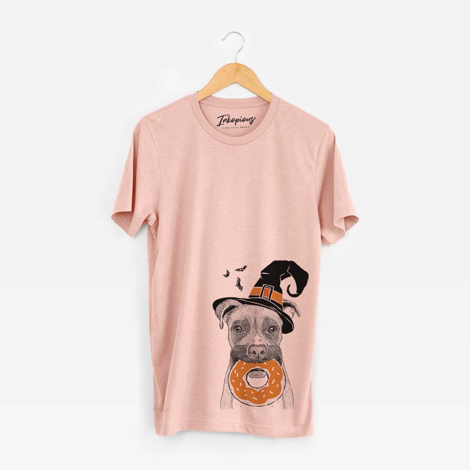 Hand-drawn sketch of Bo the Boxer wearing a witch hat on a Peach Unisex crewneck