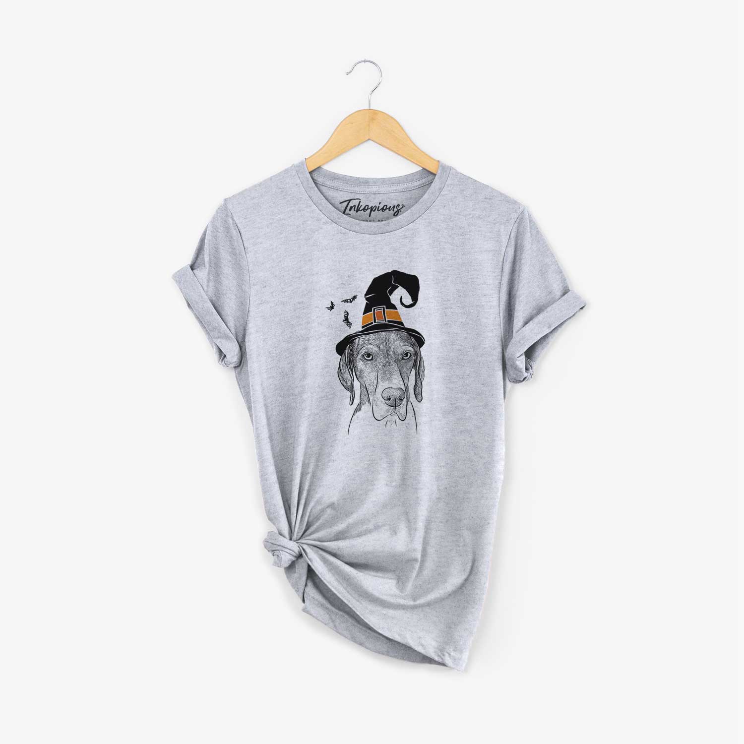 Hand-drawn sketch of Bohdi the German Shorthaired Pointer wearing a witch hat on a Grey Unisex crewneck