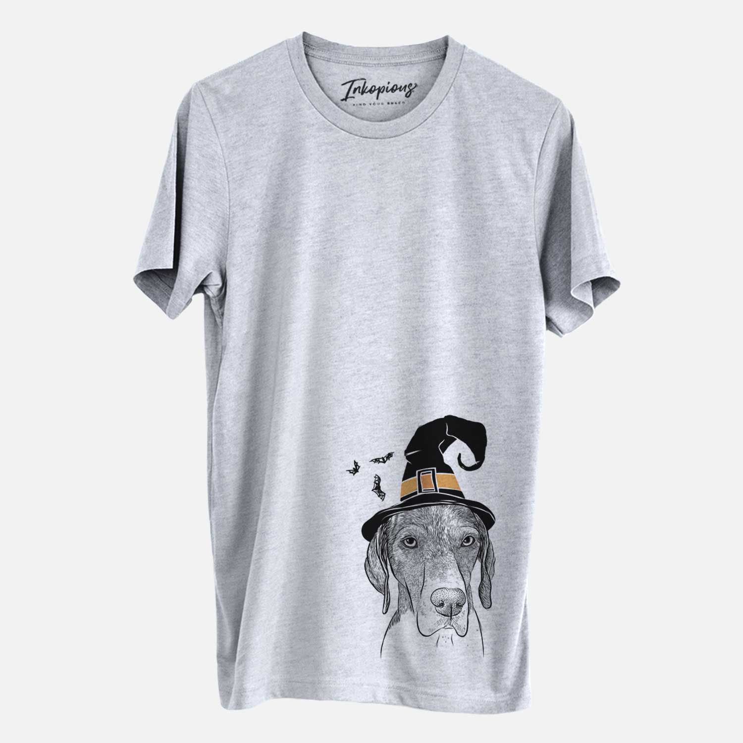 Hand-drawn sketch of Bohdi the German Shorthaired Pointer wearing a witch hat on a Grey Unisex crewneck