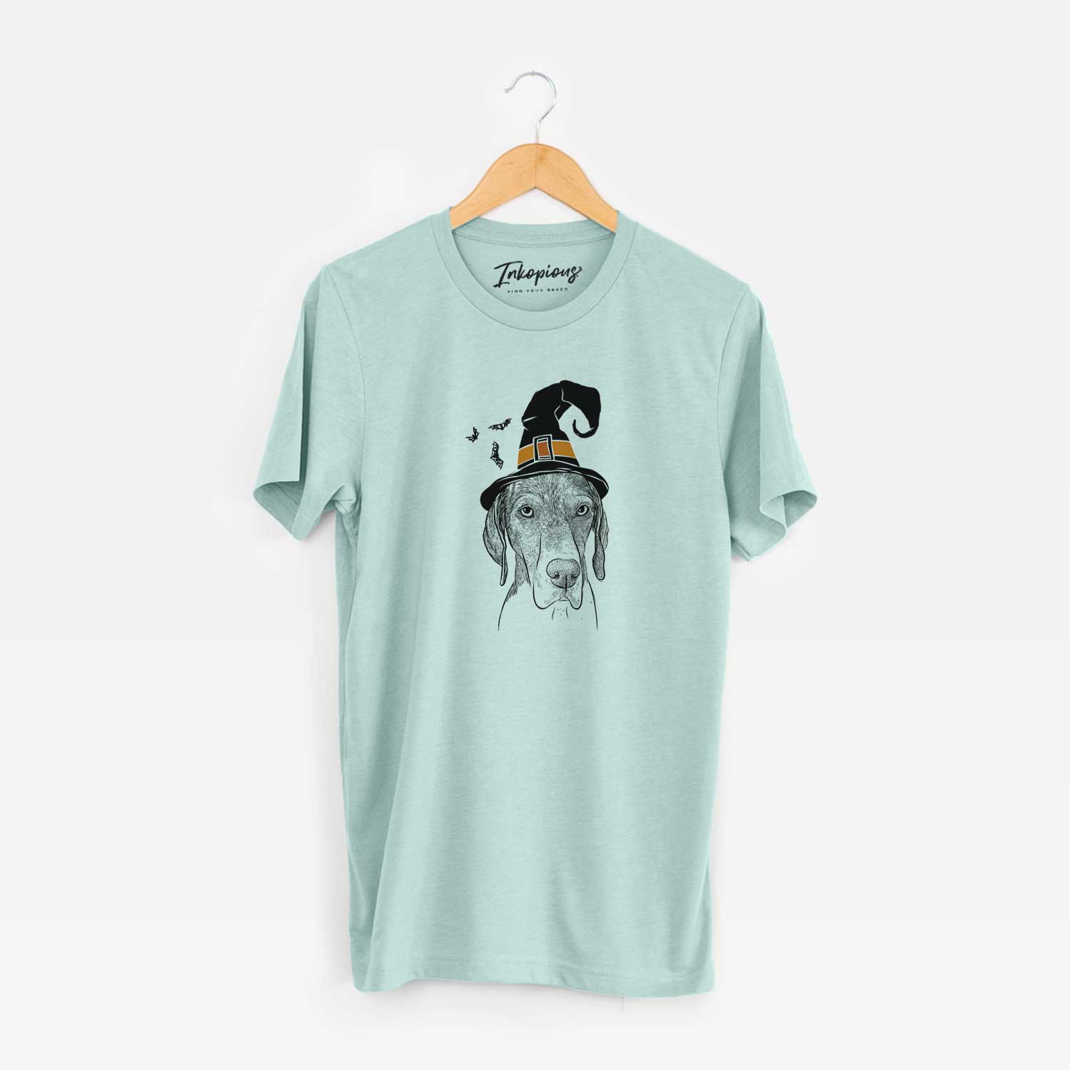 Hand-drawn sketch of Bohdi the German Shorthaired Pointer wearing a witch hat on a Heather Sage Unisex crewneck