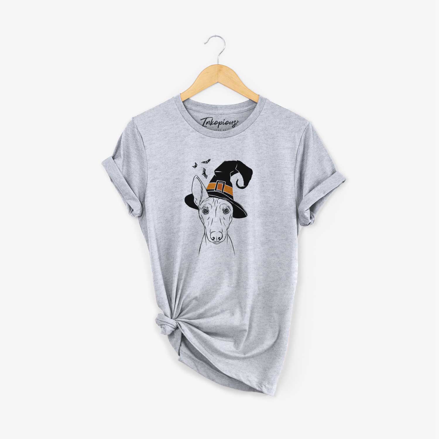 Hand-drawn sketch of Bonsai the Basenji wearing a witch hat on a Grey Unisex crewneck
