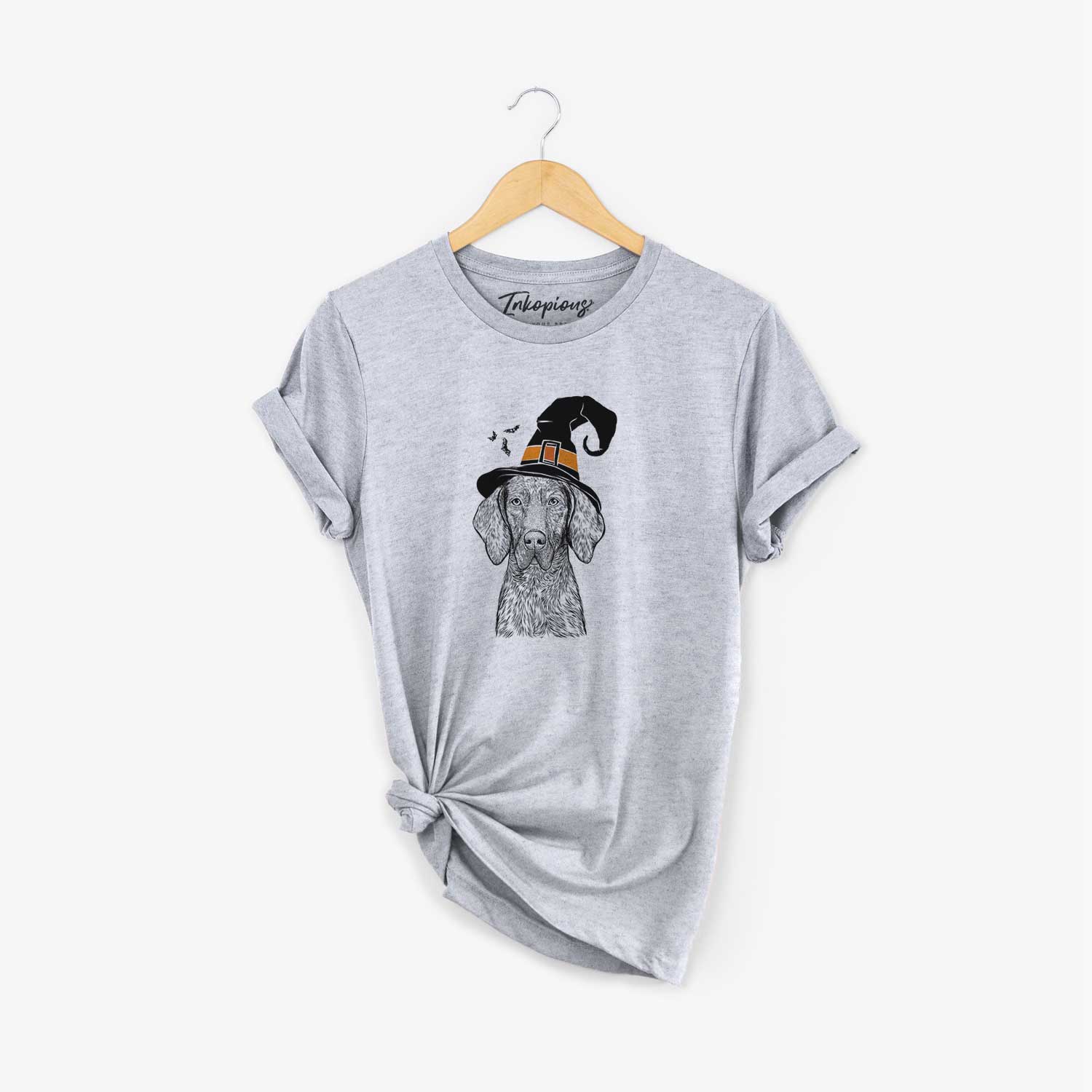 Hand-drawn sketch of Boone the Plott Hound wearing a witch hat on a Grey Unisex crewneck