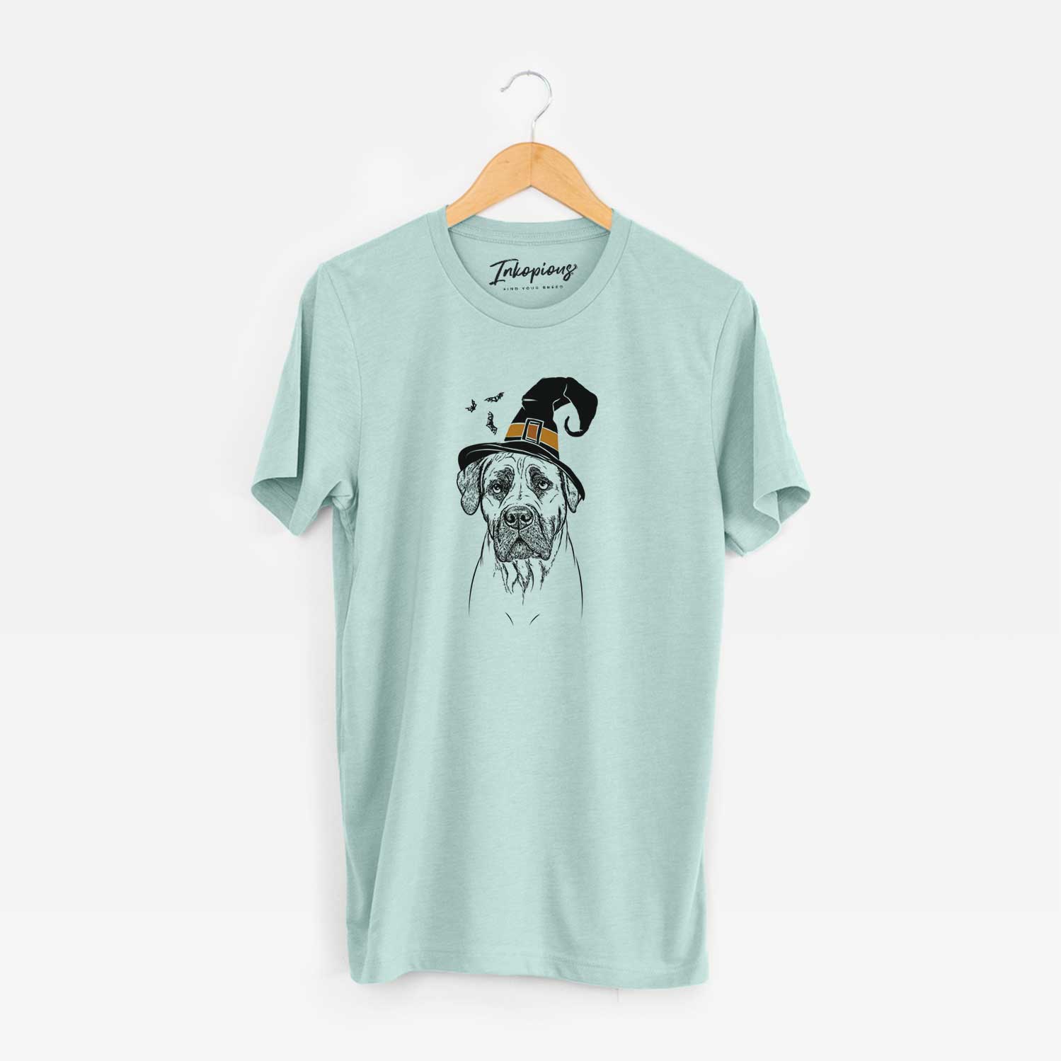 Hand-drawn sketch of Boris the Boerboel wearing a witch hat on a Heather Sage Unisex crewneck