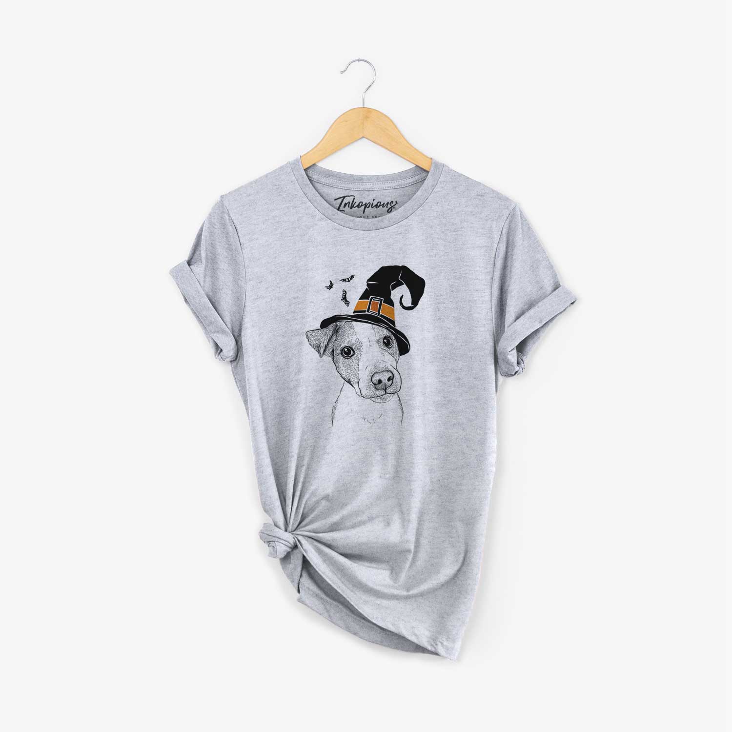 Hand-drawn sketch of Bosse the Jack Russell Terrier wearing a witch hat on a Grey Unisex crewneck