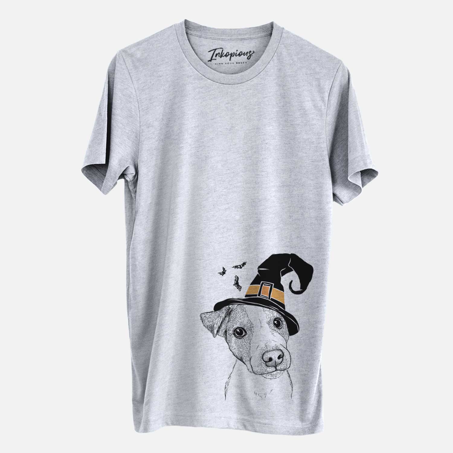 Hand-drawn sketch of Bosse the Jack Russell Terrier wearing a witch hat on a Grey Unisex crewneck