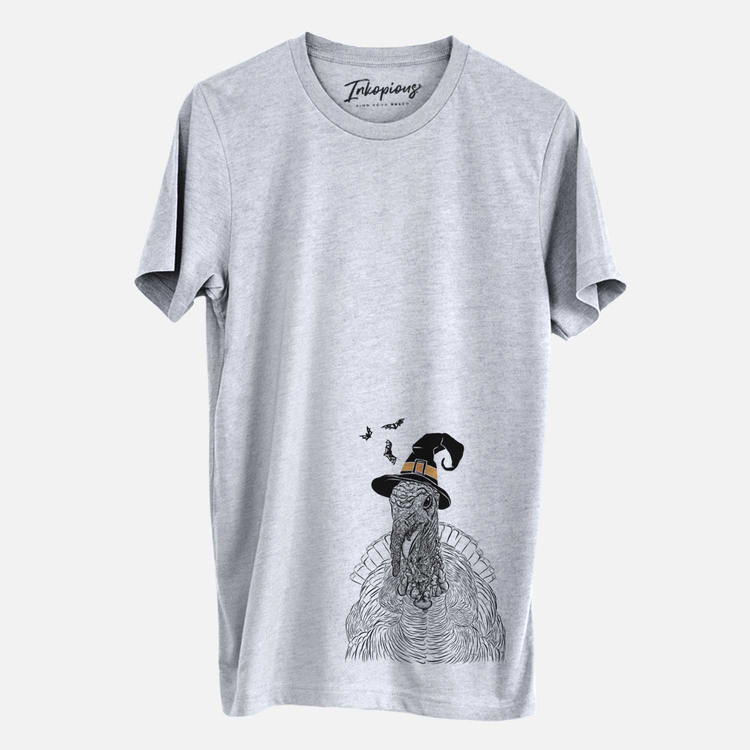 Hand-drawn sketch of Brady the Turkey wearing a witch hat on a Grey Unisex crewneck