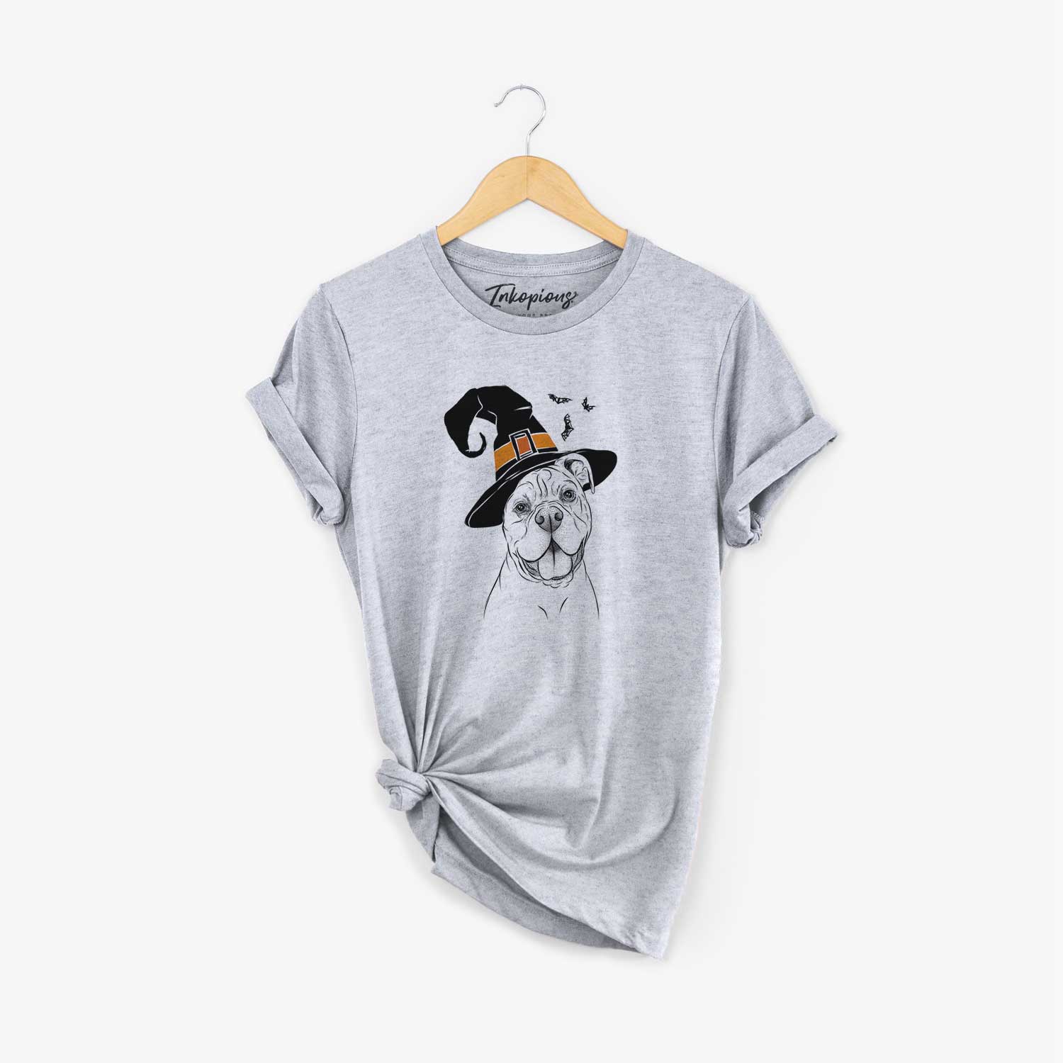 Hand-drawn sketch of Bravo the Bulldog Mix wearing a witch hat on a Grey Unisex crewneck