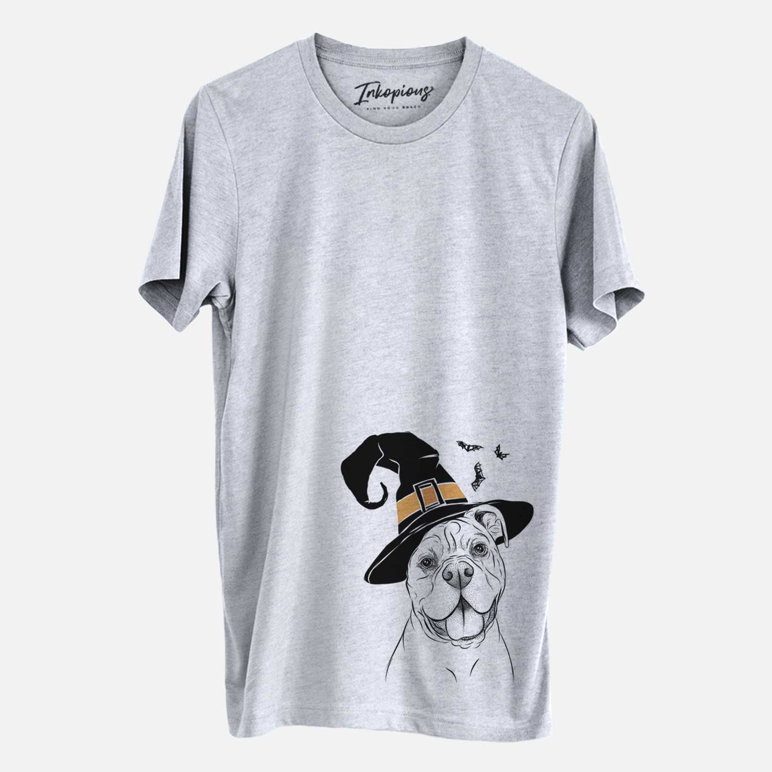 Hand-drawn sketch of Bravo the Bulldog Mix wearing a witch hat on a Grey Unisex crewneck