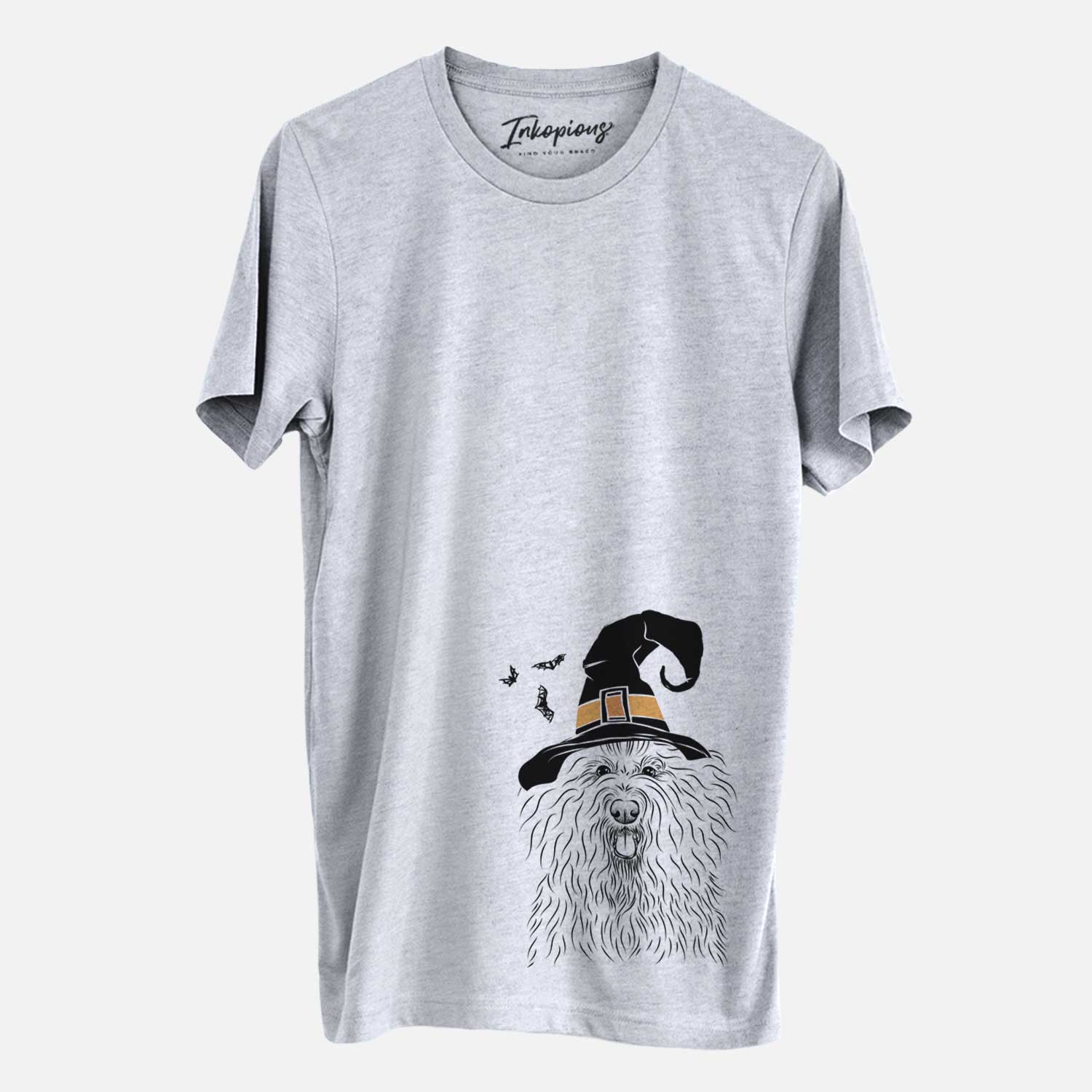 Hand-drawn sketch of Brody the Old English Sheepdog wearing a witch hat on a Grey Unisex crewneck