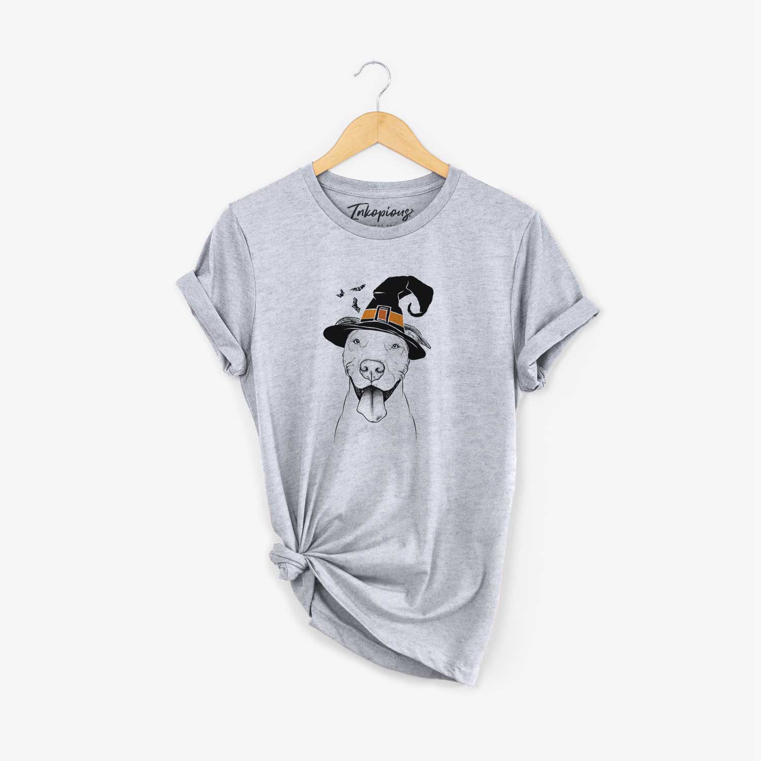 Hand-drawn sketch of Bruce the American Staffordshire Terrier wearing a witch hat on a Grey Unisex crewneck