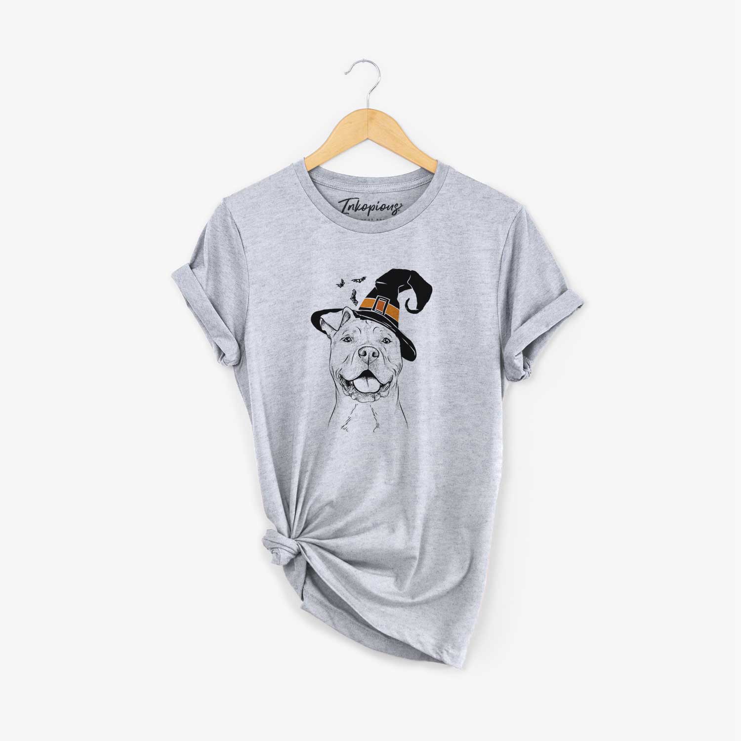 Hand-drawn sketch of Bubba Scraps the American Staffordshire Mix wearing a witch hat on a Grey Unisex crewneck