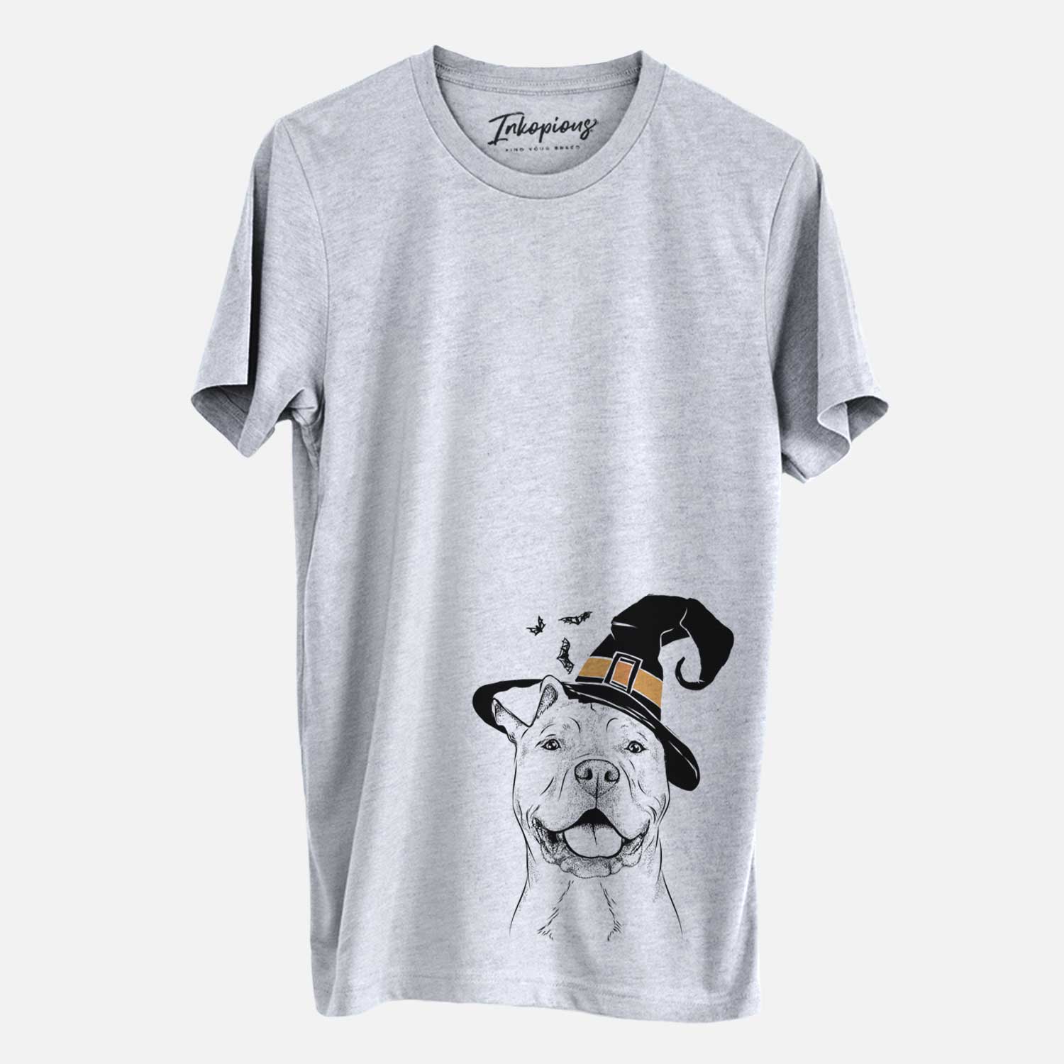 Hand-drawn sketch of Bubba Scraps the American Staffordshire Mix wearing a witch hat on a Grey Unisex crewneck