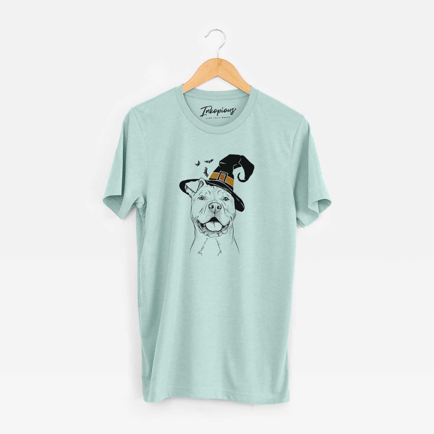 Hand-drawn sketch of Bubba Scraps the American Staffordshire Mix wearing a witch hat on a Heather Sage Unisex crewneck