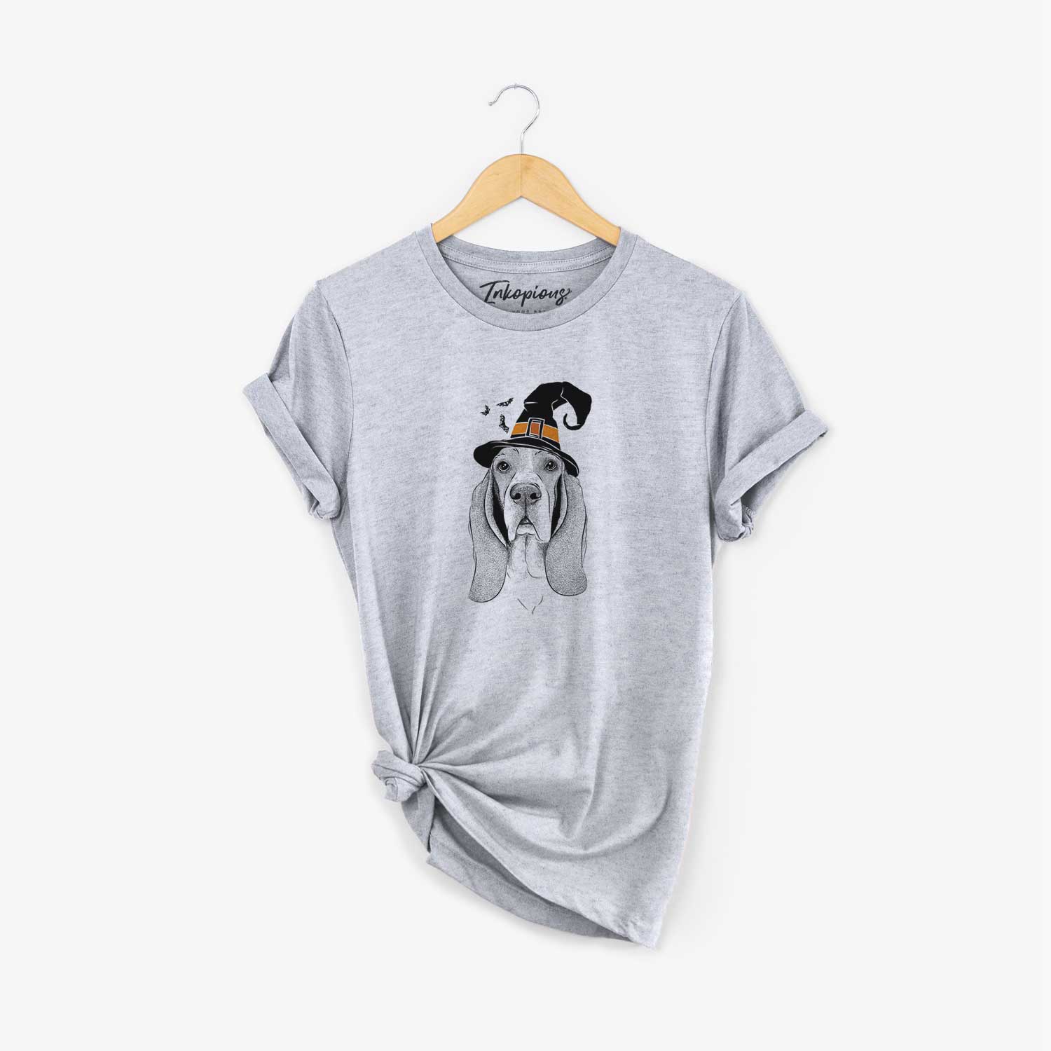Hand-drawn sketch of Buckley the Basset Hound wearing a witch hat on a Grey Unisex crewneck