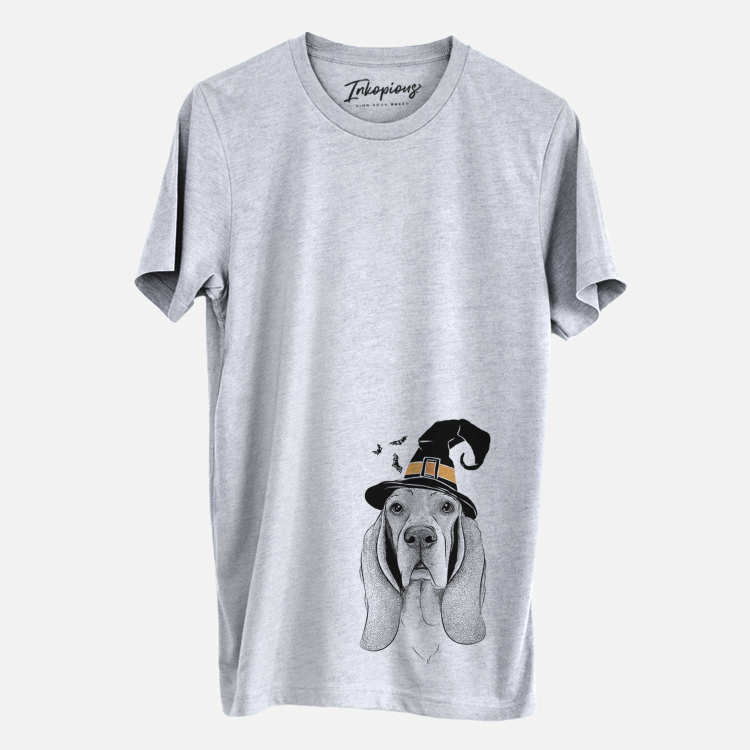 Hand-drawn sketch of Buckley the Basset Hound wearing a witch hat on a Grey Unisex crewneck
