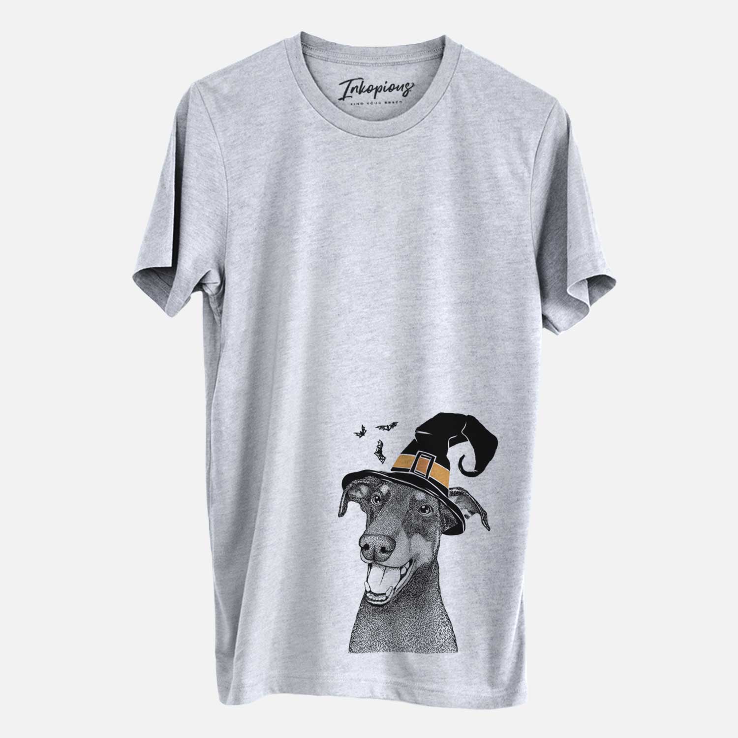 Hand-drawn sketch of Bunnie the Doberman Pinscher wearing a witch hat on a Grey Unisex crewneck