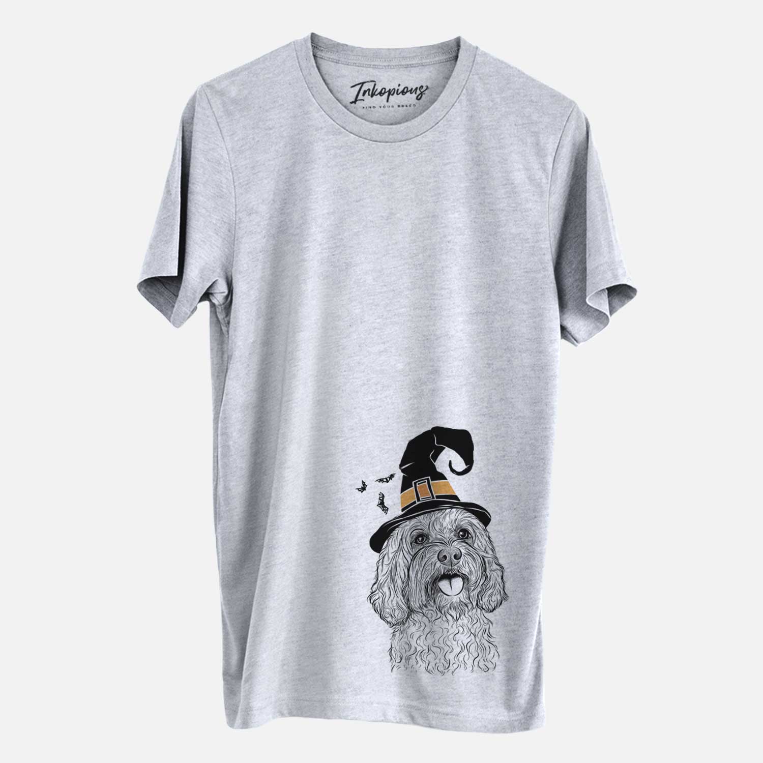 Hand-drawn sketch of Cali the Cavapoo wearing a witch hat on a Grey Unisex crewneck