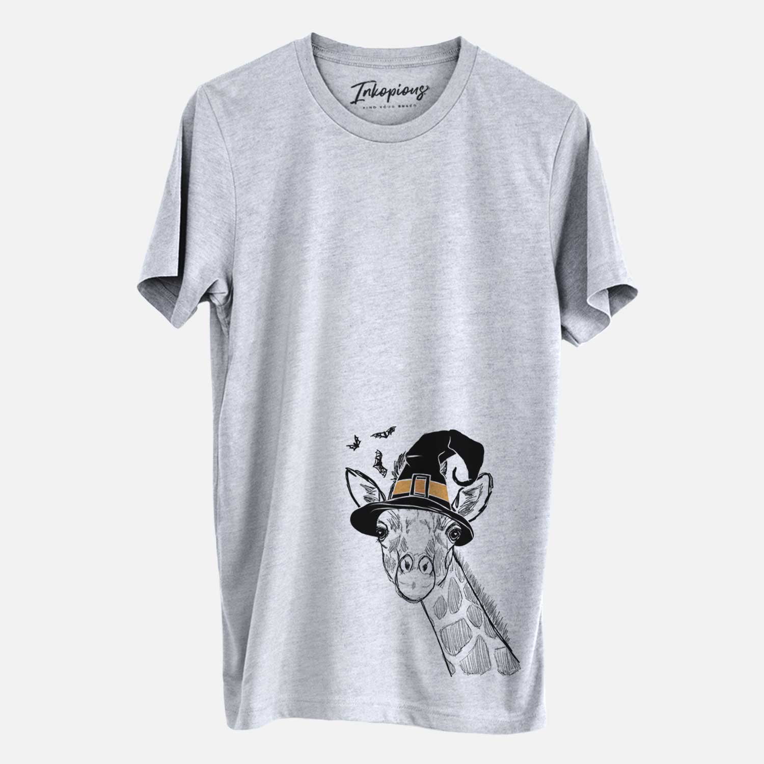 Hand-drawn sketch of Cedrick the Giraffe wearing a witch hat on a Grey Unisex crewneck