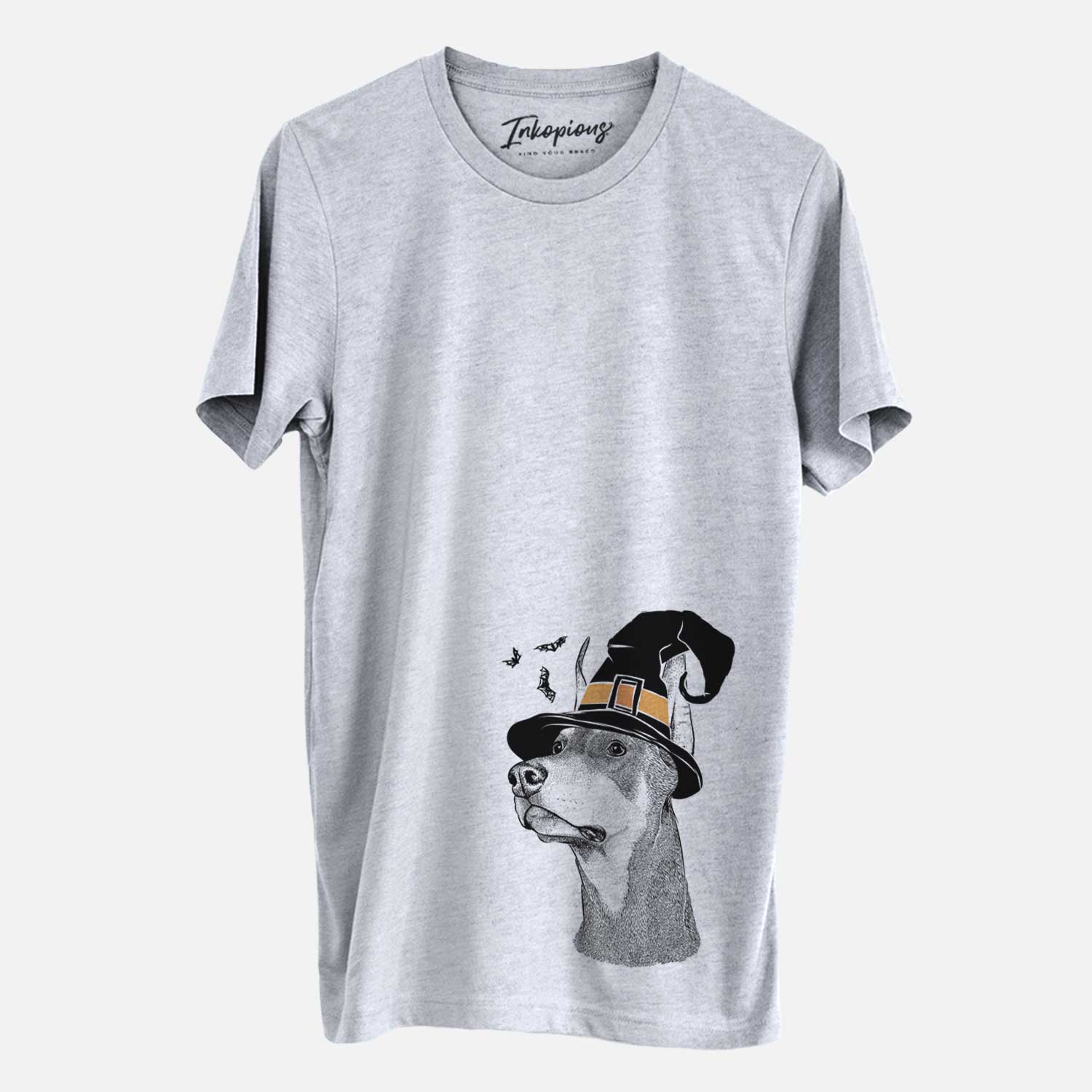 Hand-drawn sketch of Cenza the Doberman Pinscher wearing a witch hat on a Grey Unisex crewneck