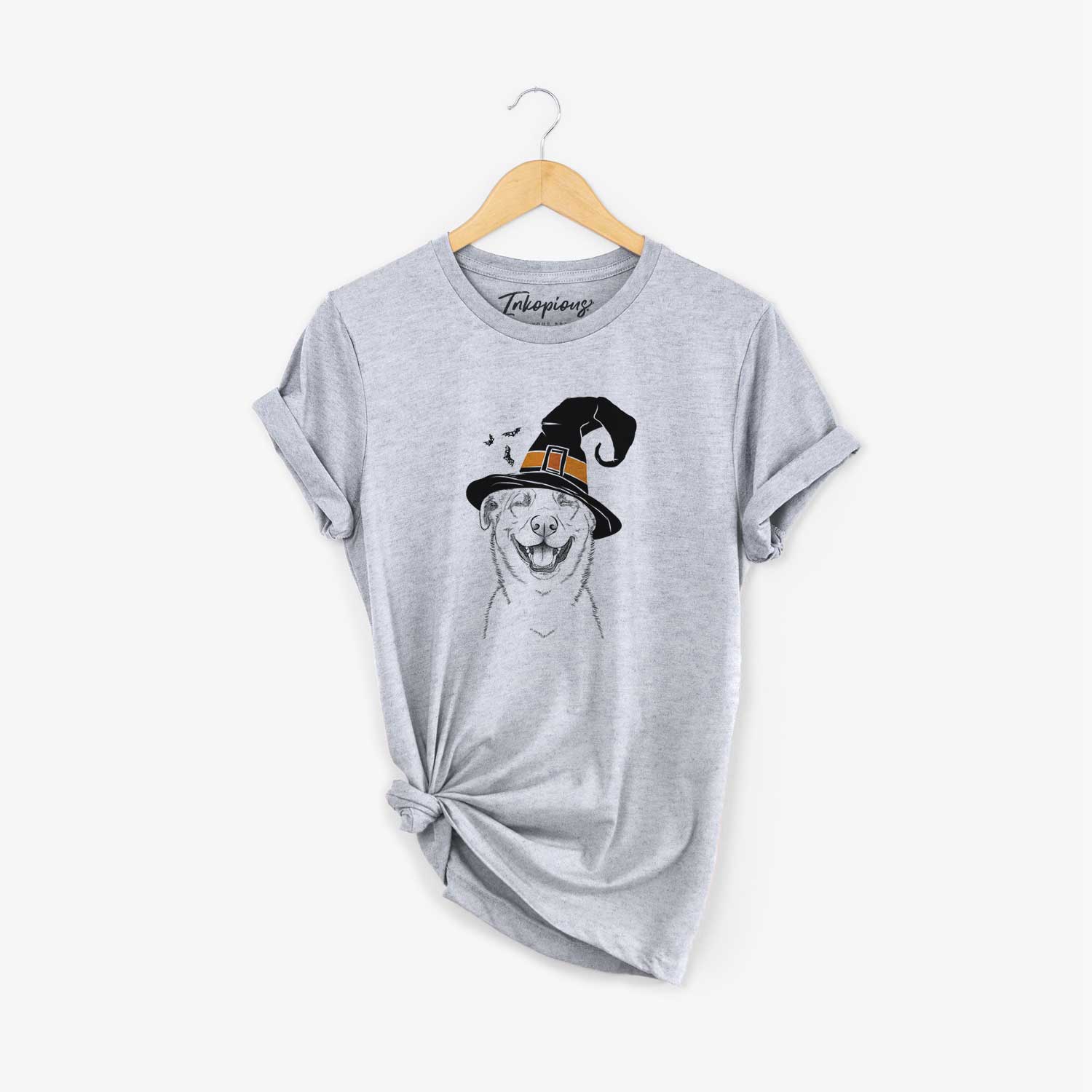 Hand-drawn sketch of Chancellor the Mixed Breed wearing a witch hat on a Grey Unisex crewneck