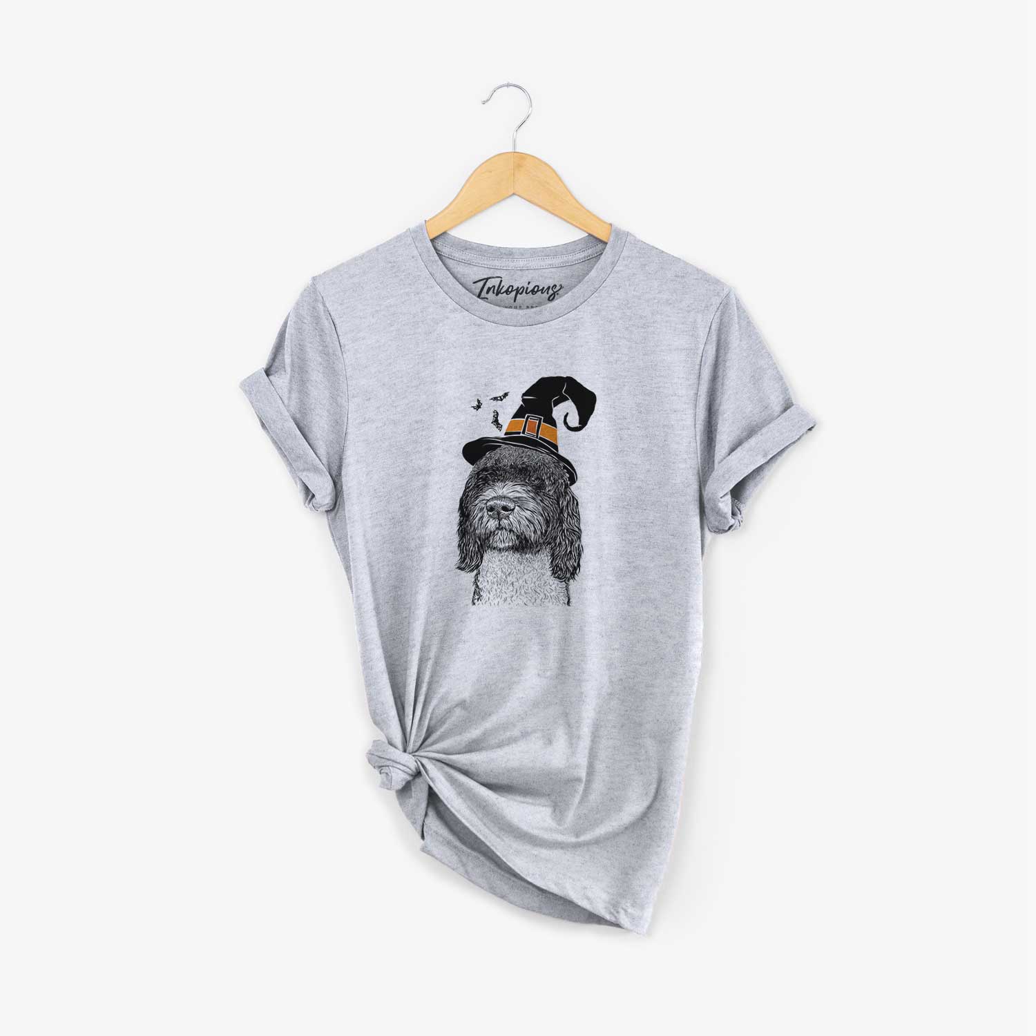 Hand-drawn sketch of Chris the Portuguese Water Dog wearing a witch hat on a Grey Unisex crewneck