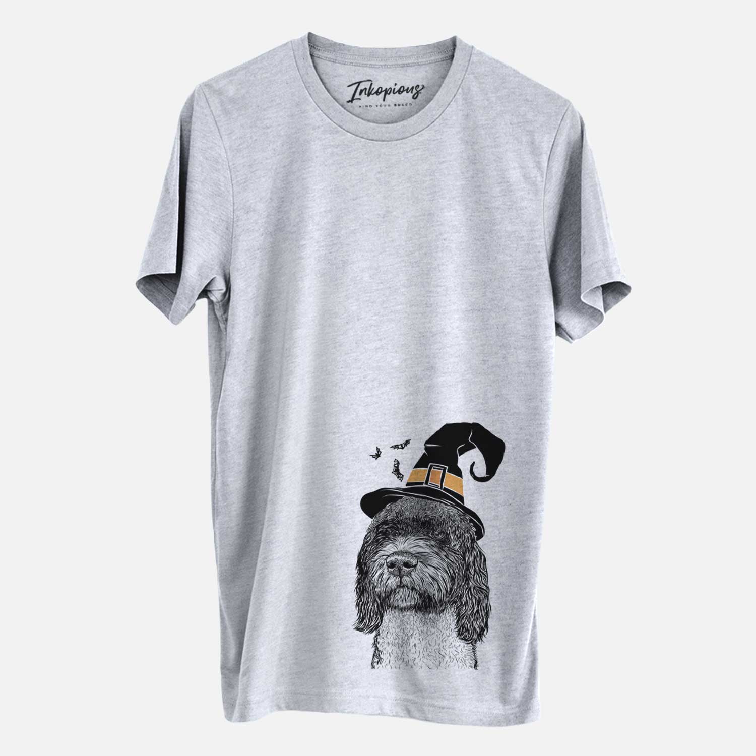 Hand-drawn sketch of Chris the Portuguese Water Dog wearing a witch hat on a Grey Unisex crewneck