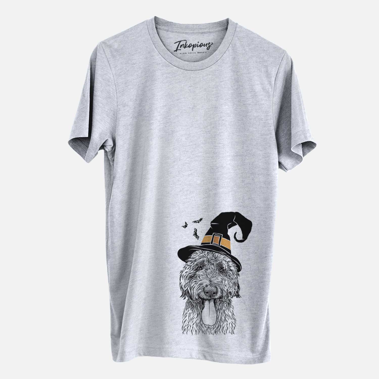 Hand-drawn sketch of CiCi Paulk the Aussiedoodle wearing a witch hat on a Grey Unisex crewneck