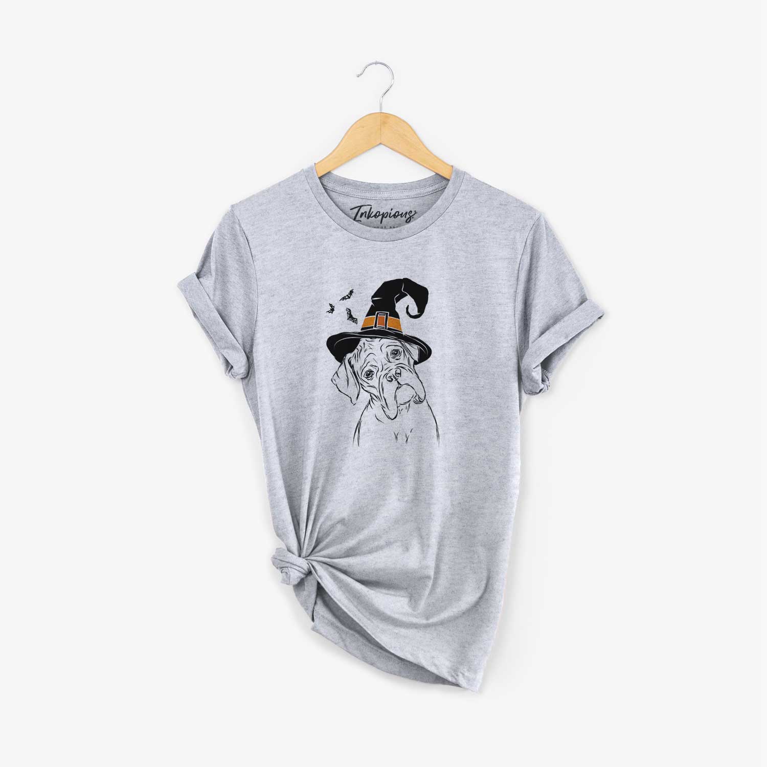 Hand-drawn sketch of Cooper the Boxer wearing a witch hat on a Grey Unisex crewneck