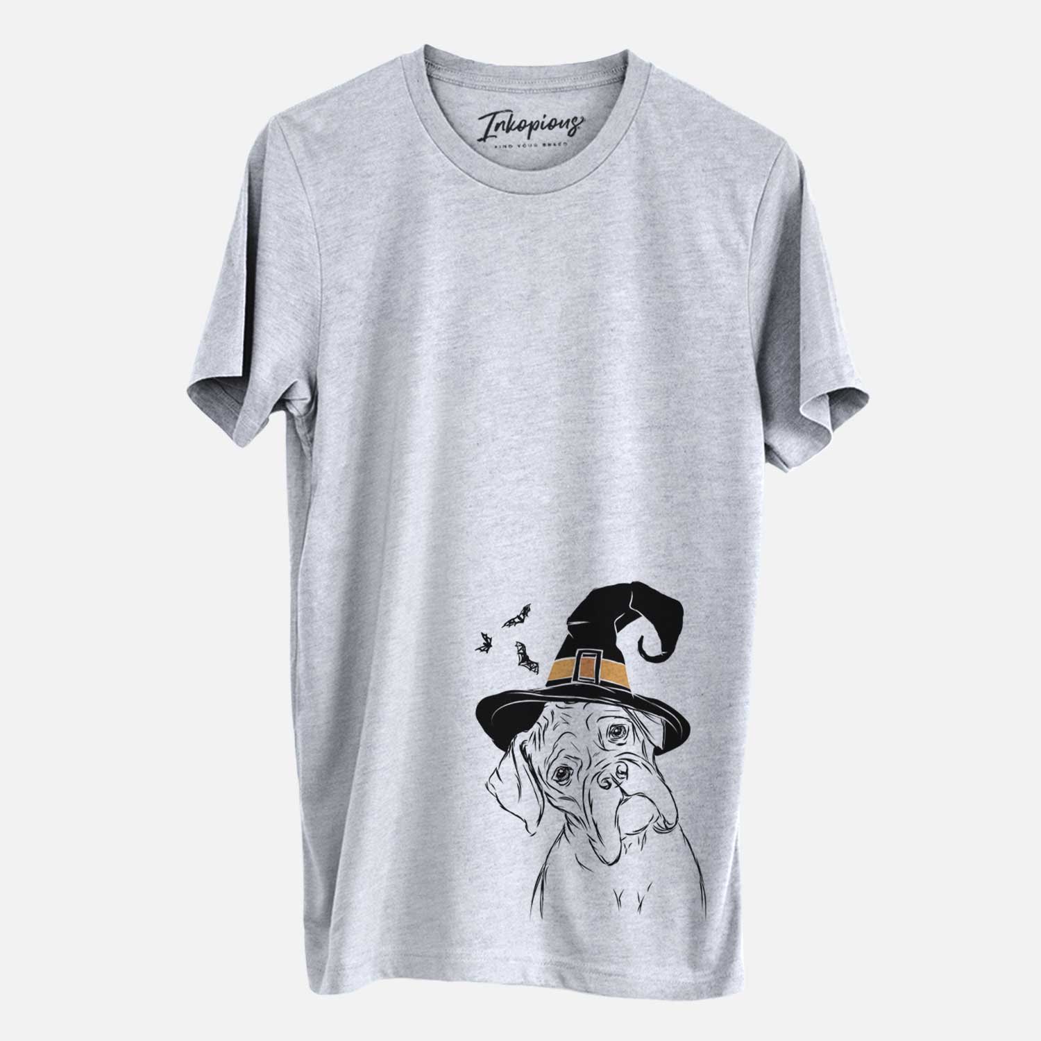 Hand-drawn sketch of Cooper the Boxer wearing a witch hat on a Grey Unisex crewneck