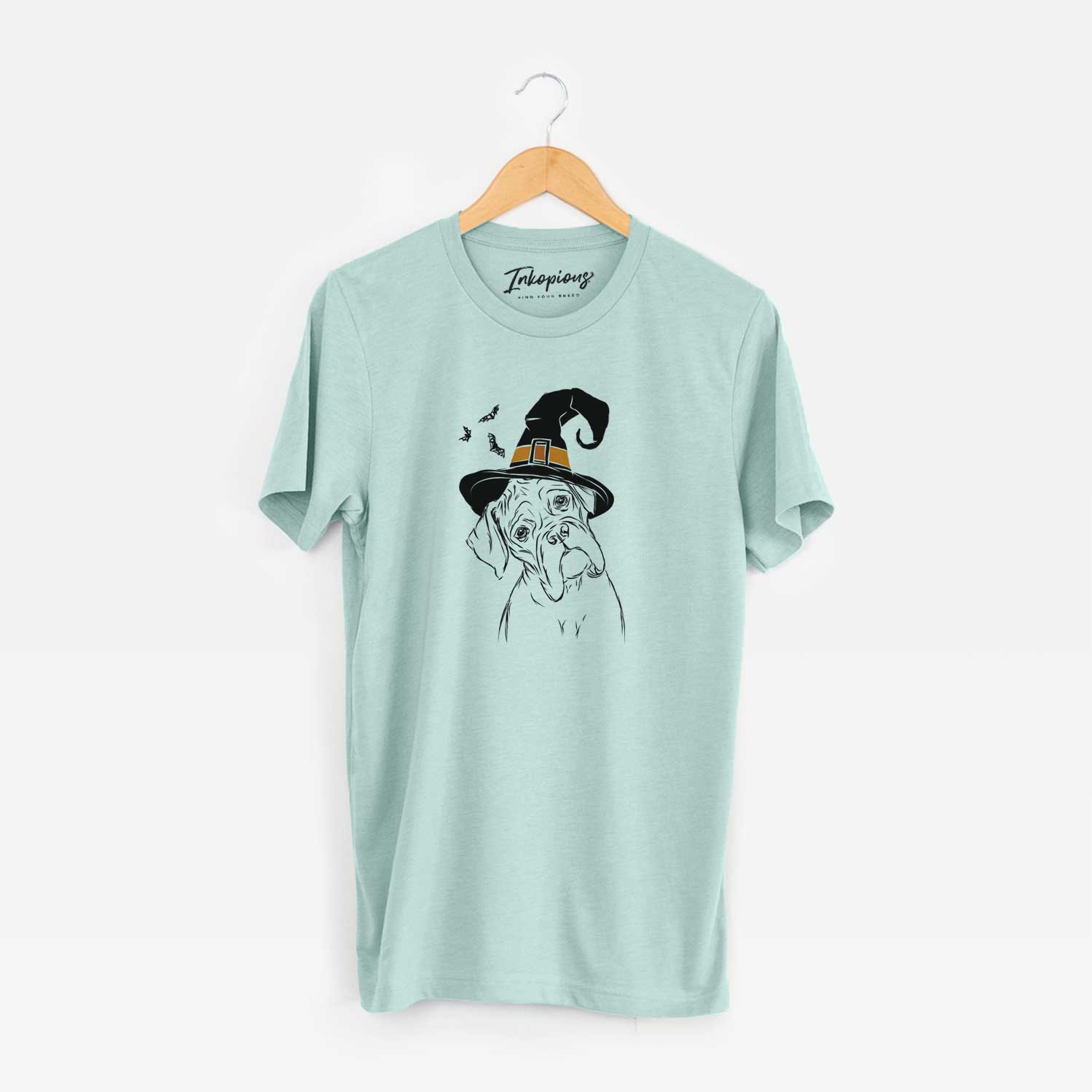 Hand-drawn sketch of Cooper the Boxer wearing a witch hat on a Heather Sage Unisex crewneck