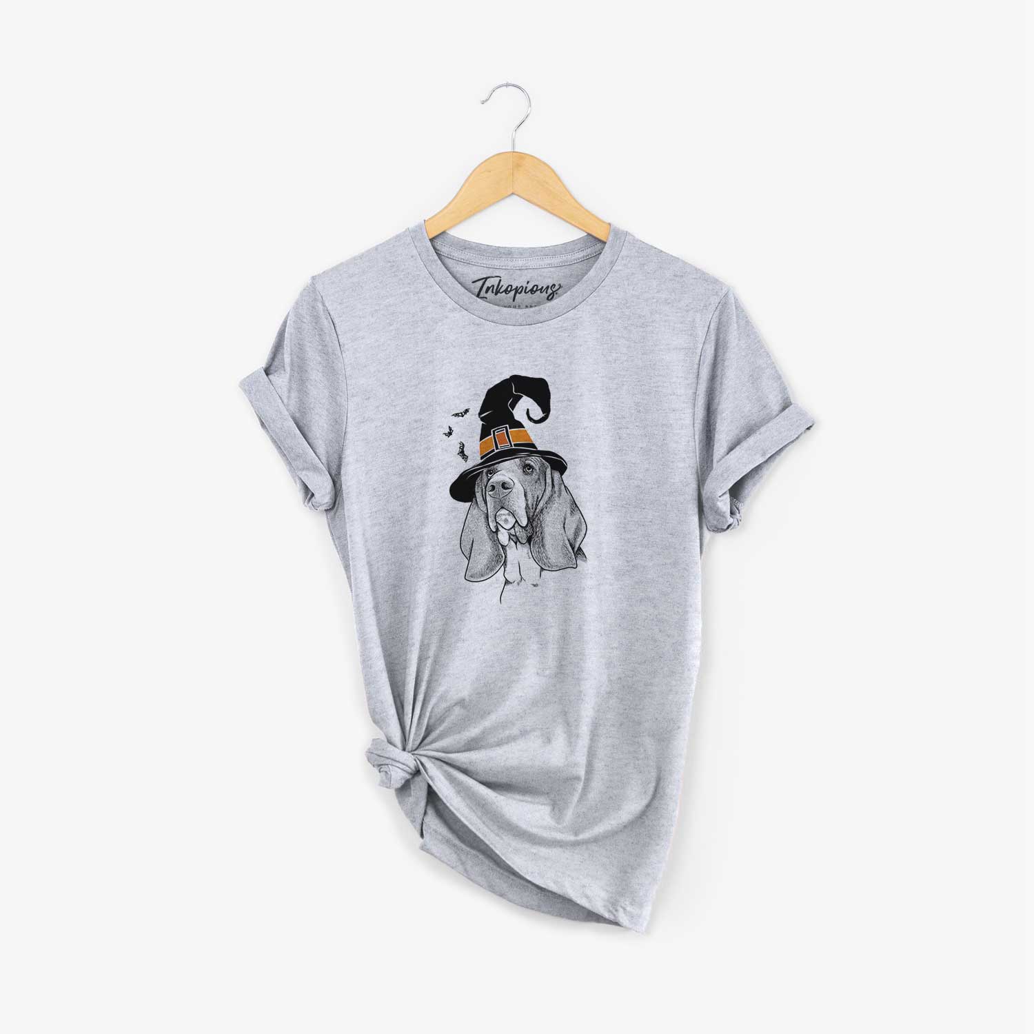 Hand-drawn sketch of Cooper the Basset Hound wearing a witch hat on a Grey Unisex crewneck
