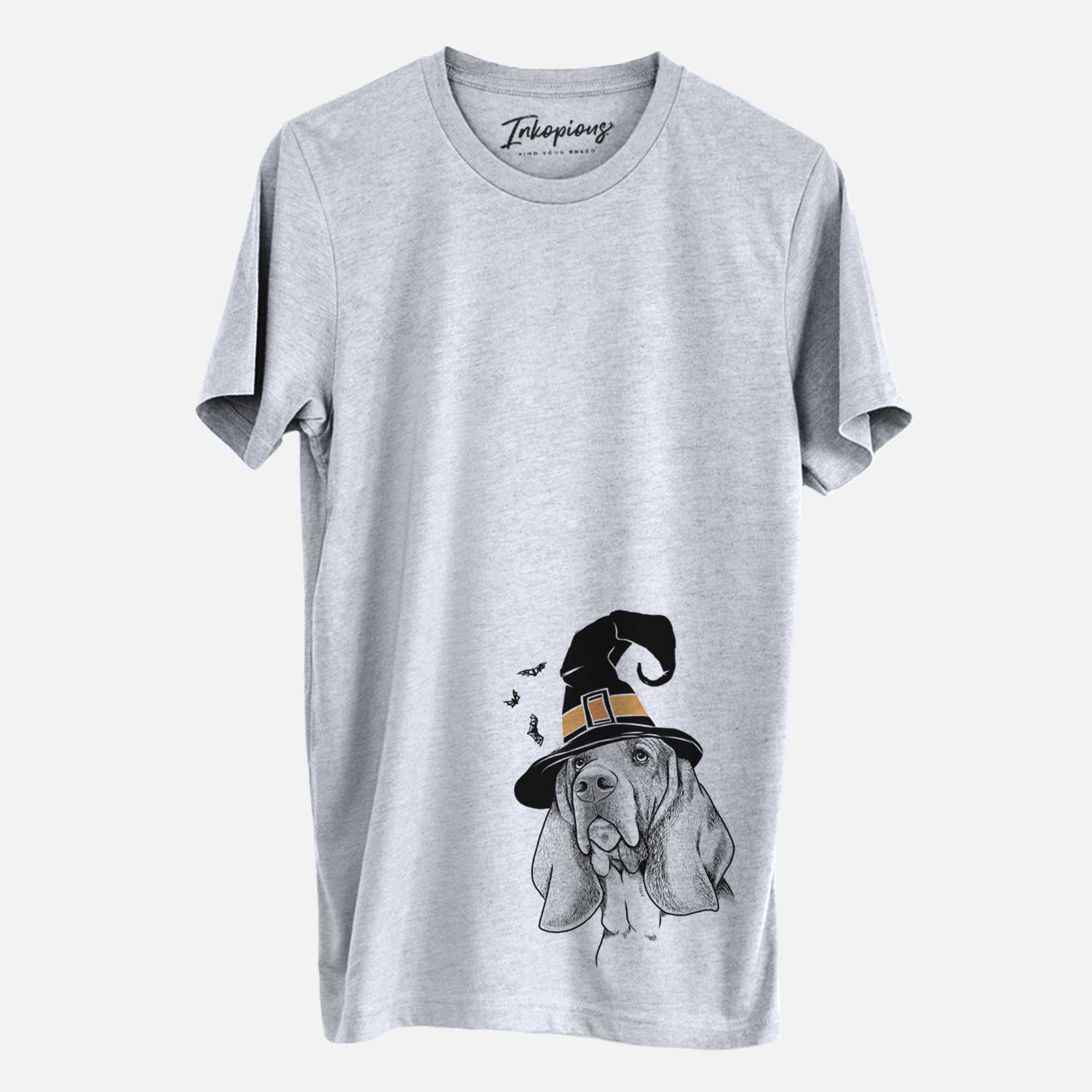 Hand-drawn sketch of Cooper the Basset Hound wearing a witch hat on a Grey Unisex crewneck