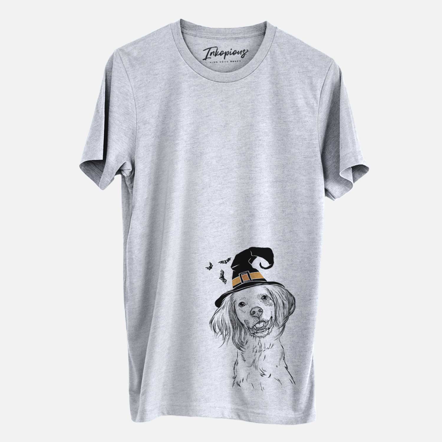 Hand-drawn sketch of Cooper the English Setter wearing a witch hat on a Grey Unisex crewneck