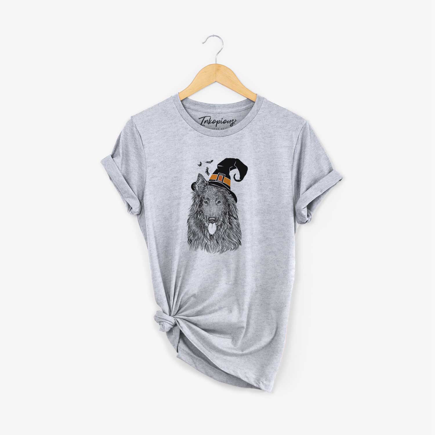 Hand-drawn sketch of Daan the Belgian Shepherd wearing a witch hat on a Grey Unisex crewneck