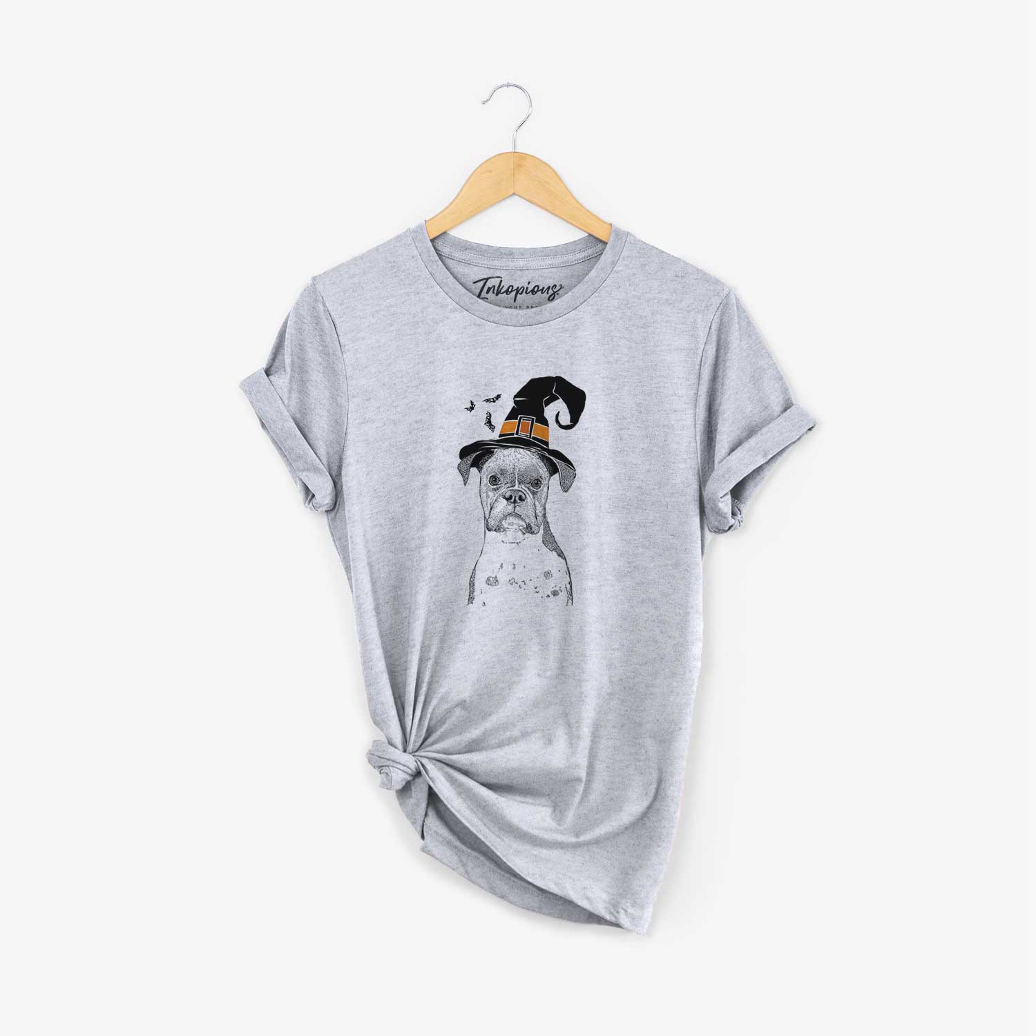 Hand-drawn sketch of Daisy the Boxer wearing a witch hat on a Grey Unisex crewneck