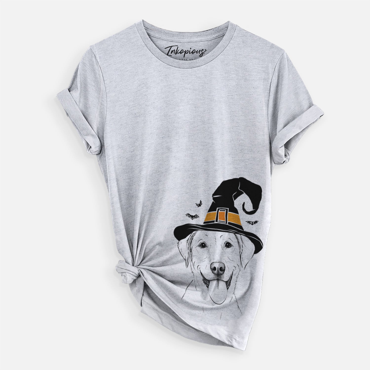 Hand-drawn sketch of Daisy the Labrador Retriever wearing a witch hat on a Grey Unisex crewneck