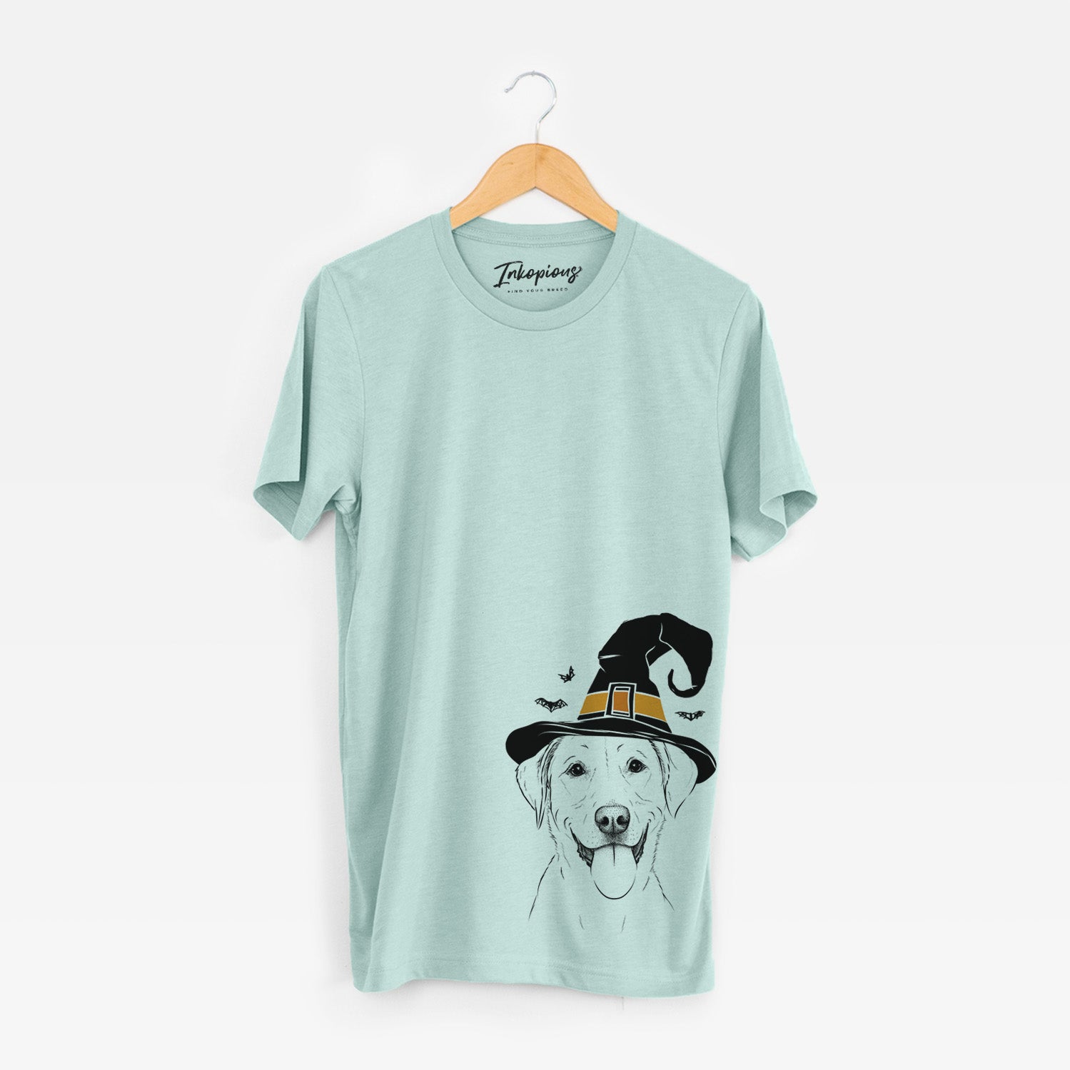 Hand-drawn sketch of Daisy the Labrador Retriever wearing a witch hat on a Heather Sage Unisex crewneck