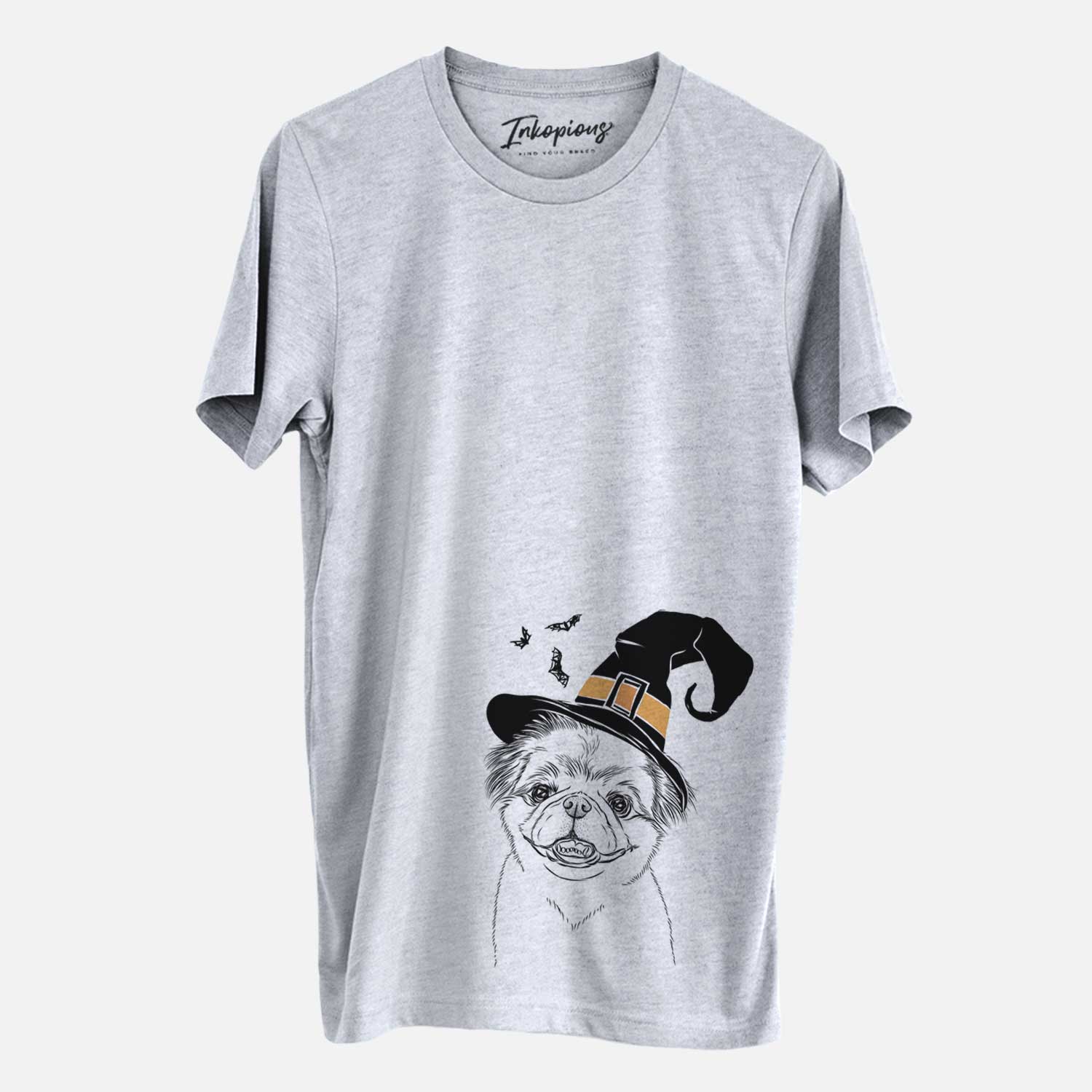 Hand-drawn sketch of Danny the Pekingese wearing a witch hat on a Grey Unisex crewneck