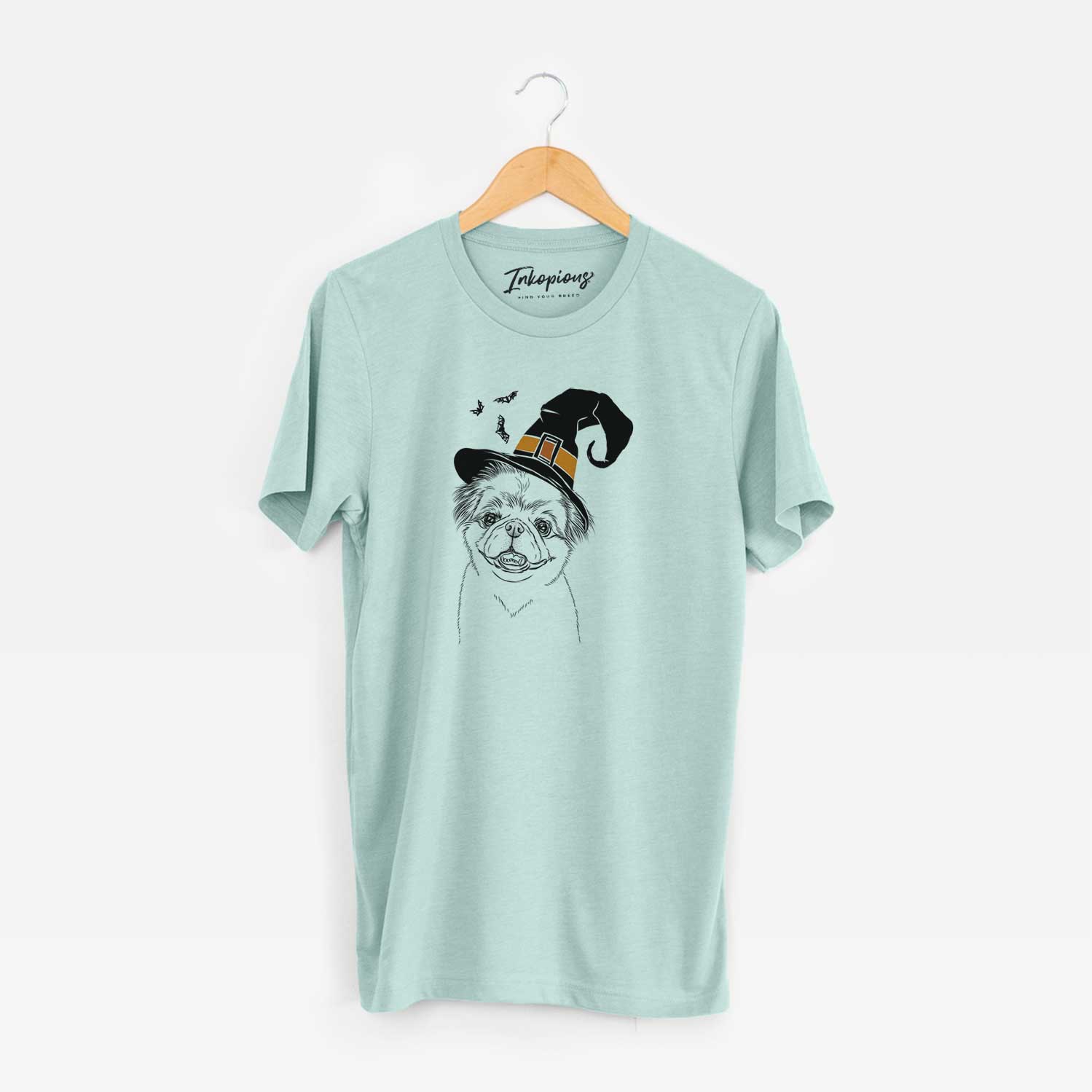 Hand-drawn sketch of Danny the Pekingese wearing a witch hat on a Heather Sage Unisex crewneck