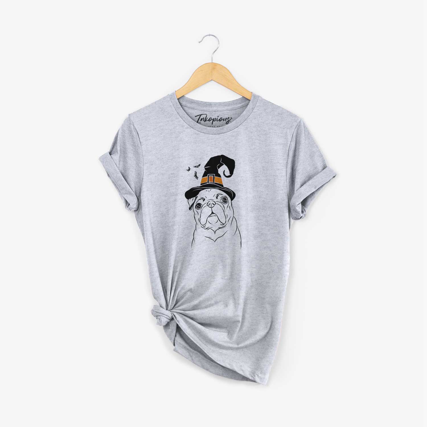 Hand-drawn sketch of Darling Chloe the Pug wearing a witch hat on a Grey Unisex crewneck