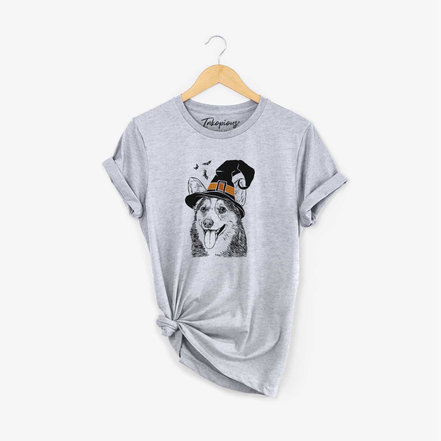 Hand-drawn sketch of Darma the Corgi wearing a witch hat on a Grey Unisex crewneck