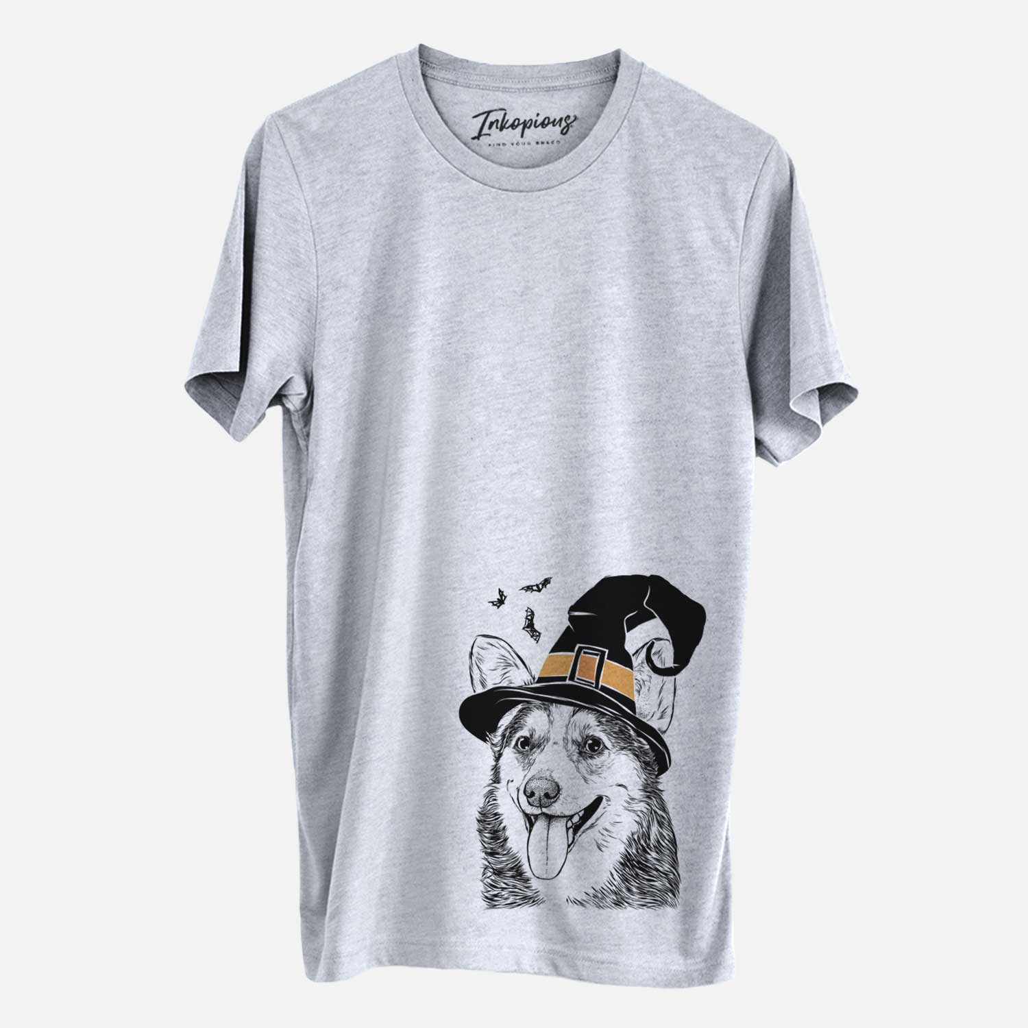 Hand-drawn sketch of Darma the Corgi wearing a witch hat on a Grey Unisex crewneck