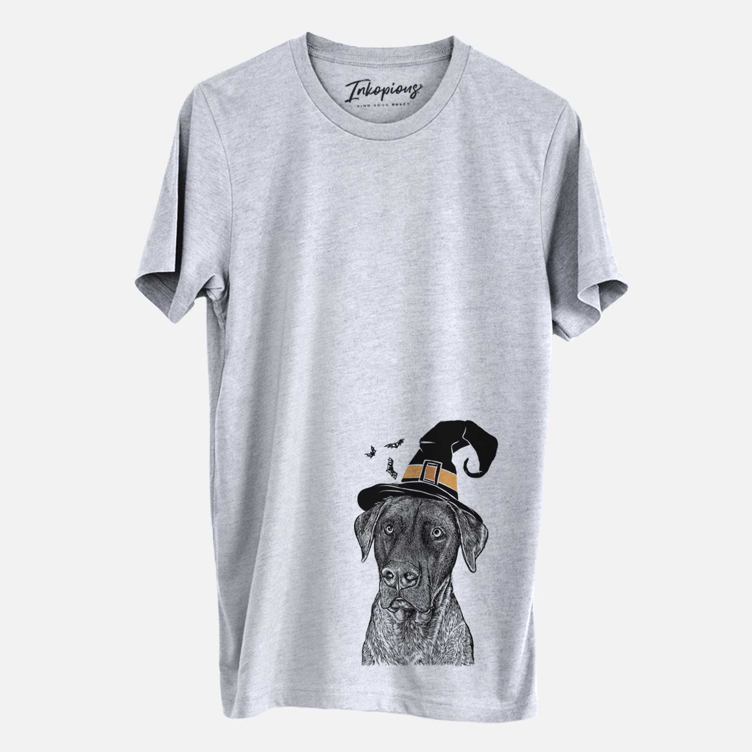Hand-drawn sketch of David the Boxador wearing a witch hat on a Grey Unisex crewneck
