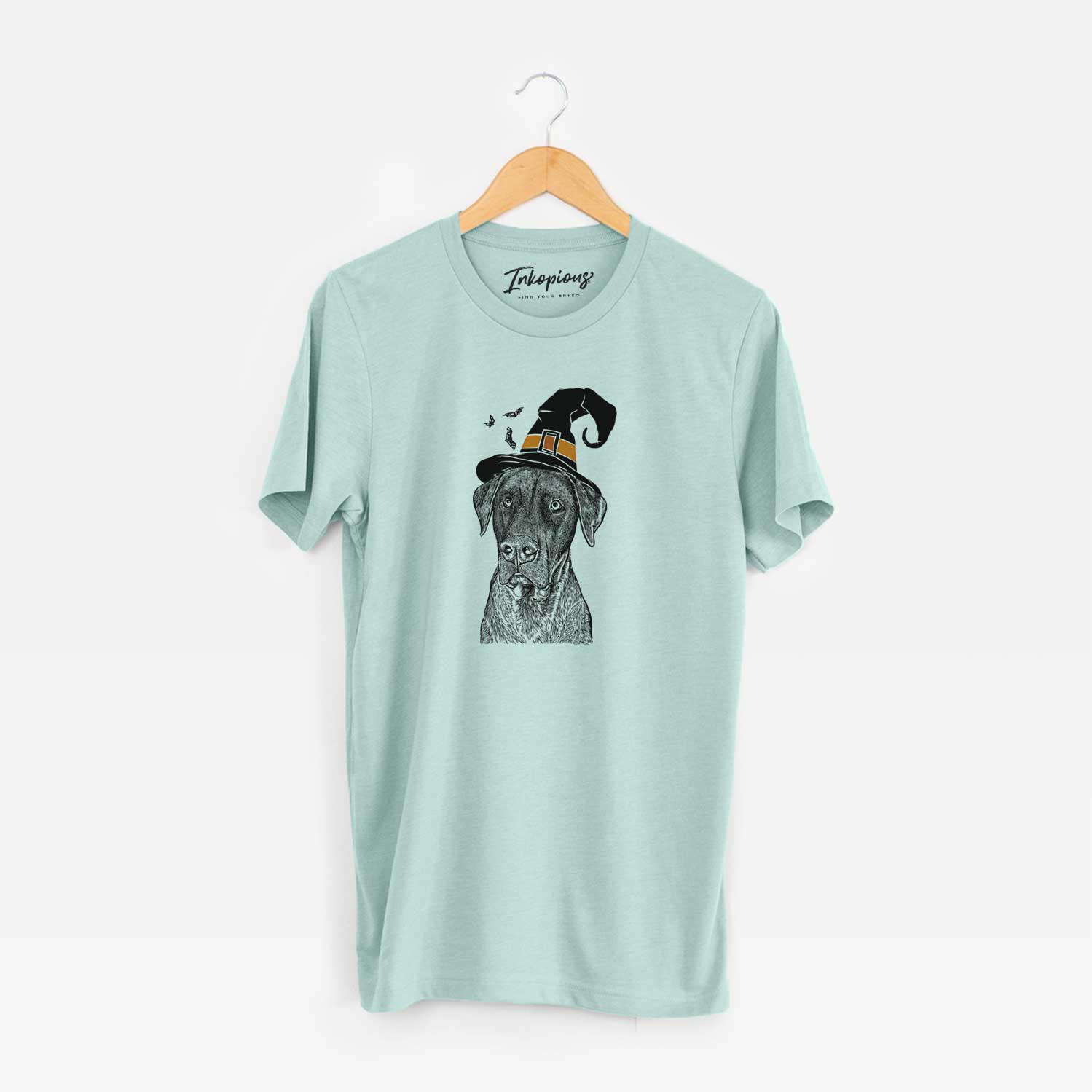 Hand-drawn sketch of David the Boxador wearing a witch hat on a Heather Sage Unisex crewneck