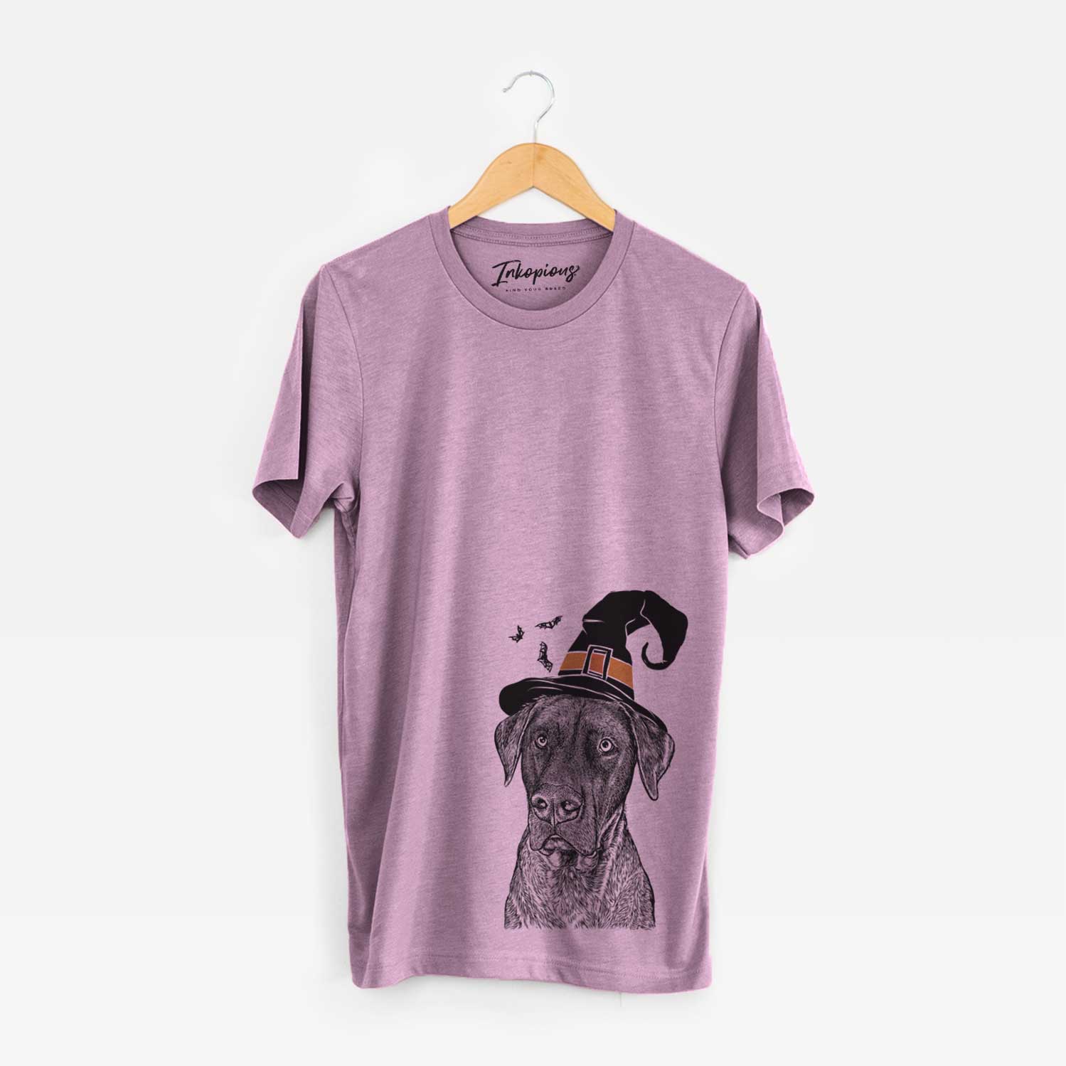 Hand-drawn sketch of David the Boxador wearing a witch hat on an Orchid Unisex crewneck