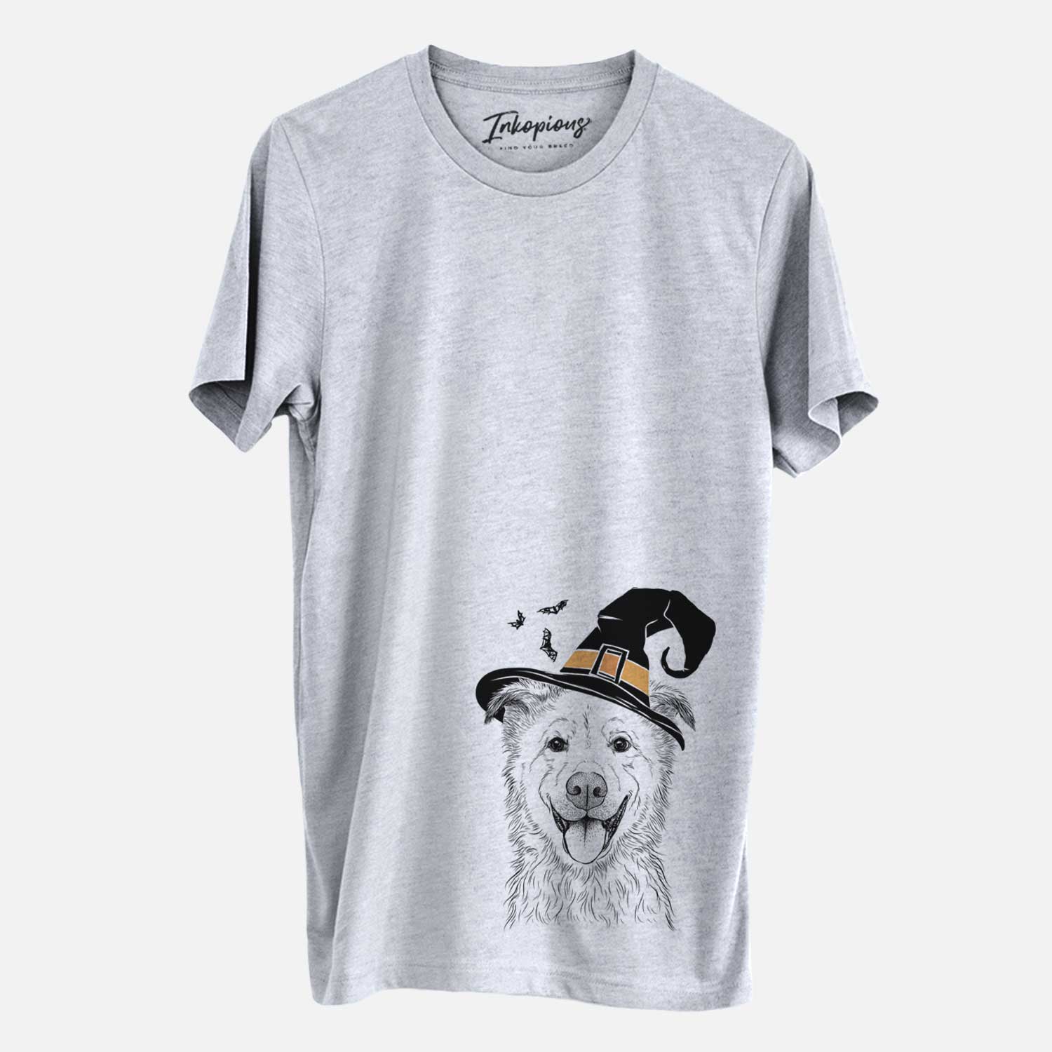 Hand-drawn sketch of Dawson the Mixed Breed wearing a witch hat on a Grey Unisex crewneck