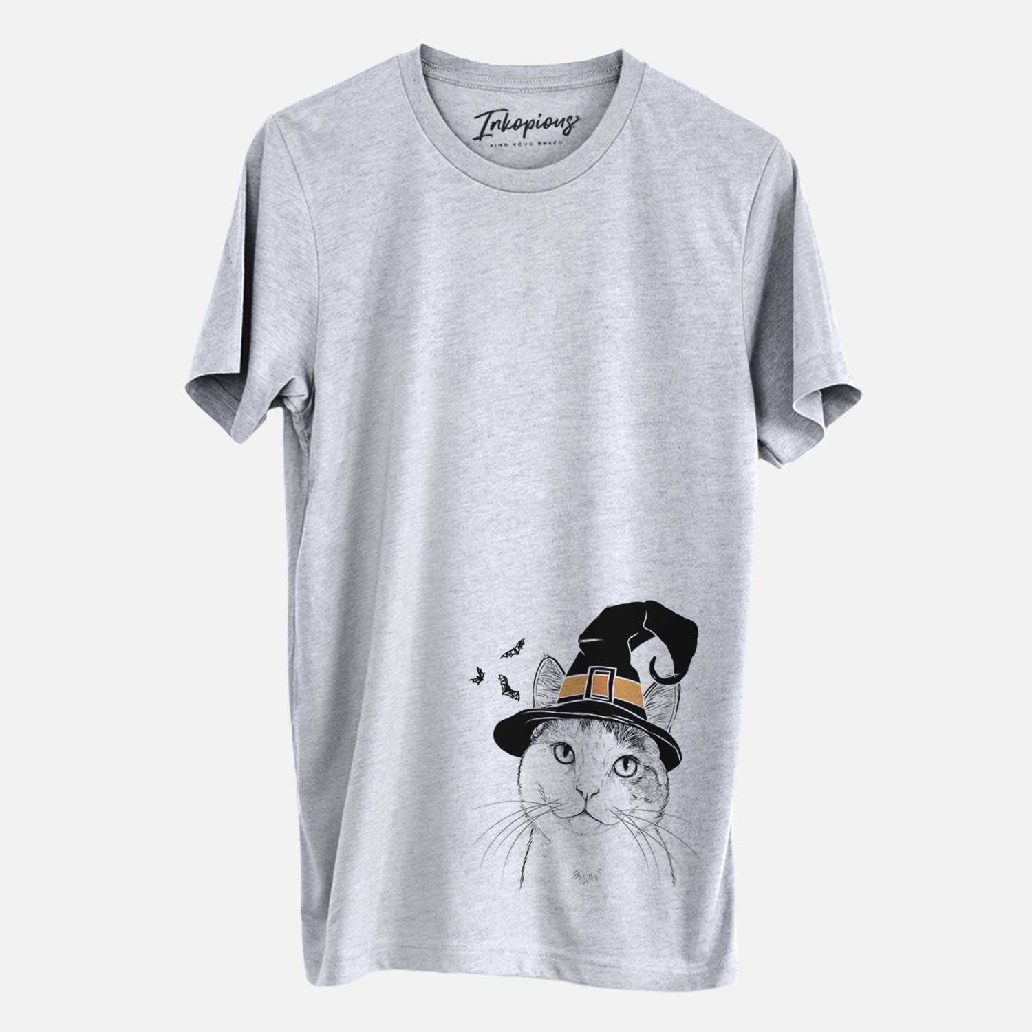 Hand-drawn sketch of Denver the Calico Cat wearing a witch hat on a Grey Unisex crewneck